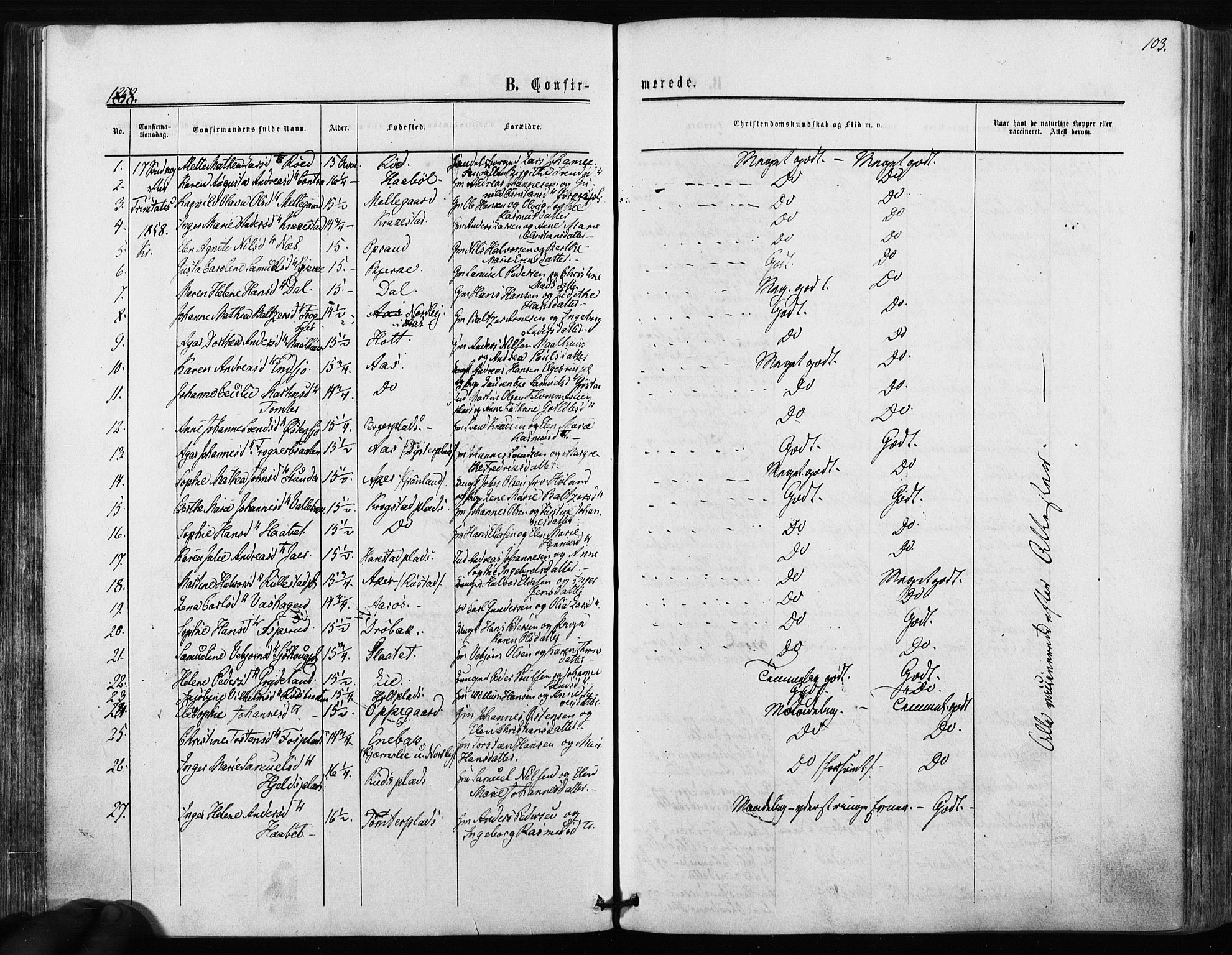 Kråkstad prestekontor Kirkebøker, SAO/A-10125a/F/Fa/L0007: Parish register (official) no. I 7, 1858-1870, p. 103