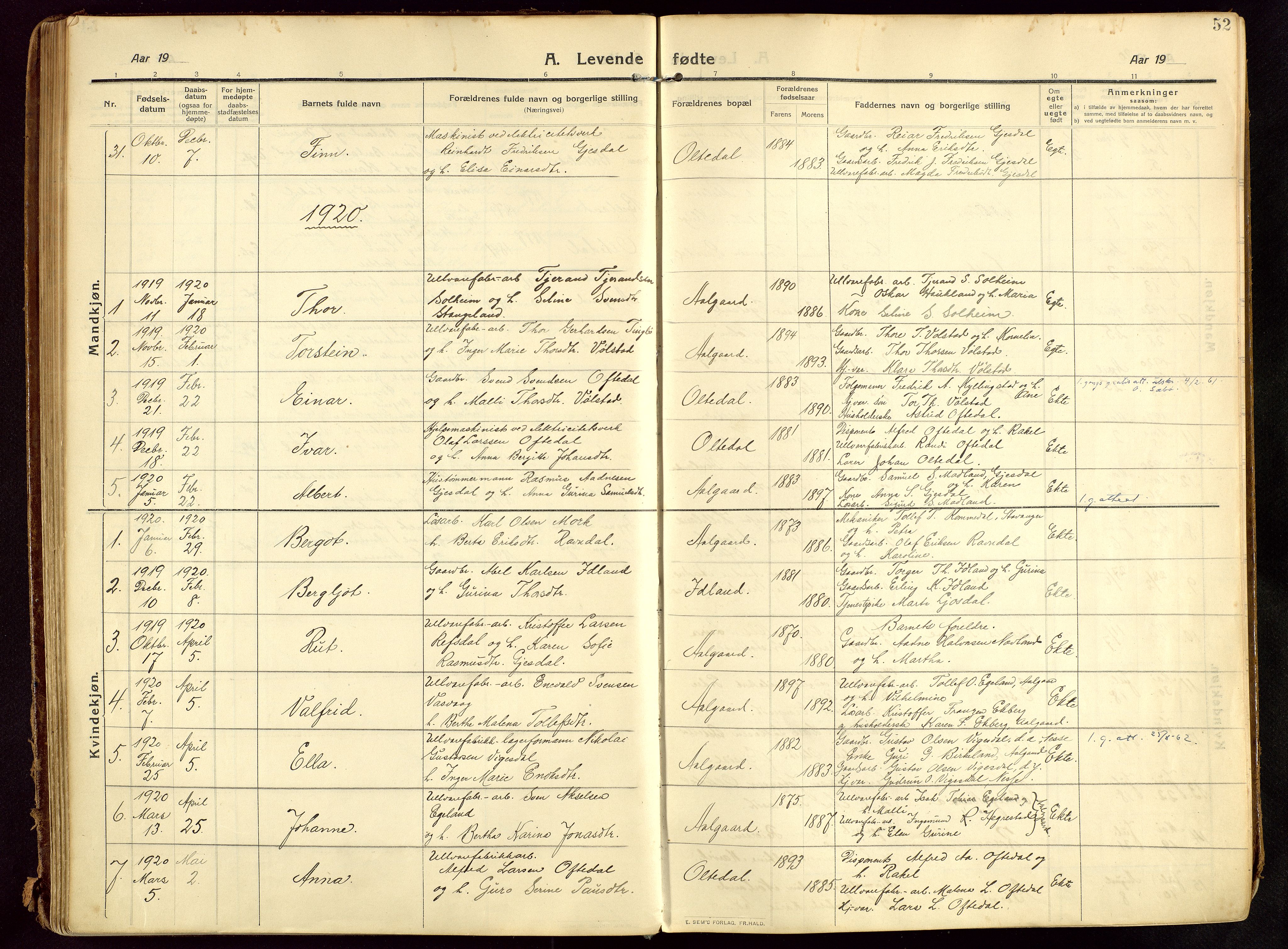 Lye sokneprestkontor, SAST/A-101794/002/B/L0001: Parish register (official) no. A 13, 1910-1925, p. 52