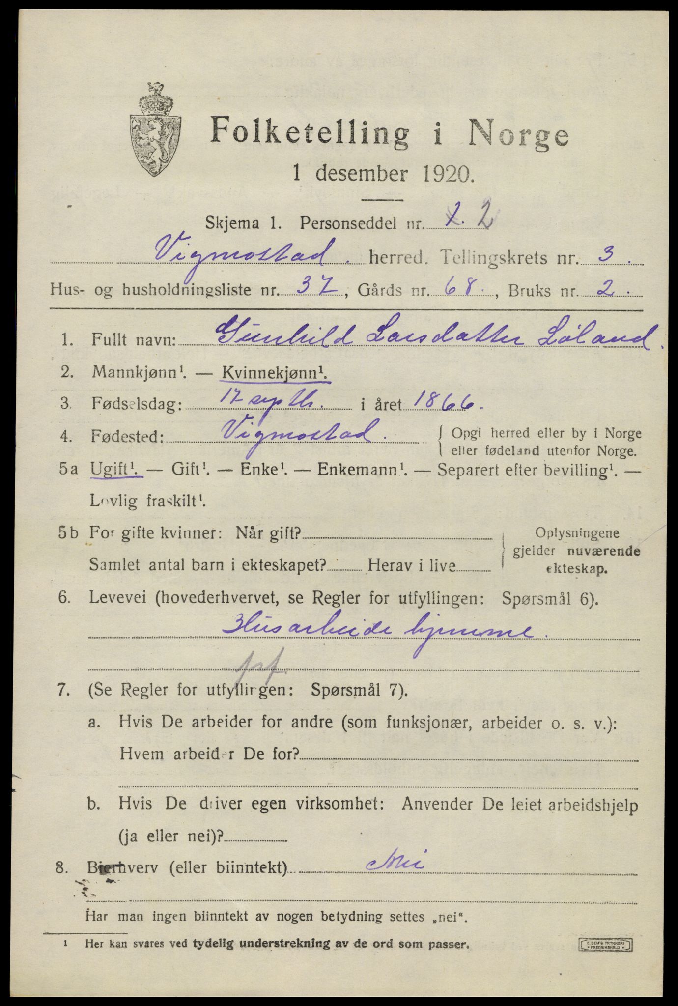 SAK, 1920 census for Vigmostad, 1920, p. 1127