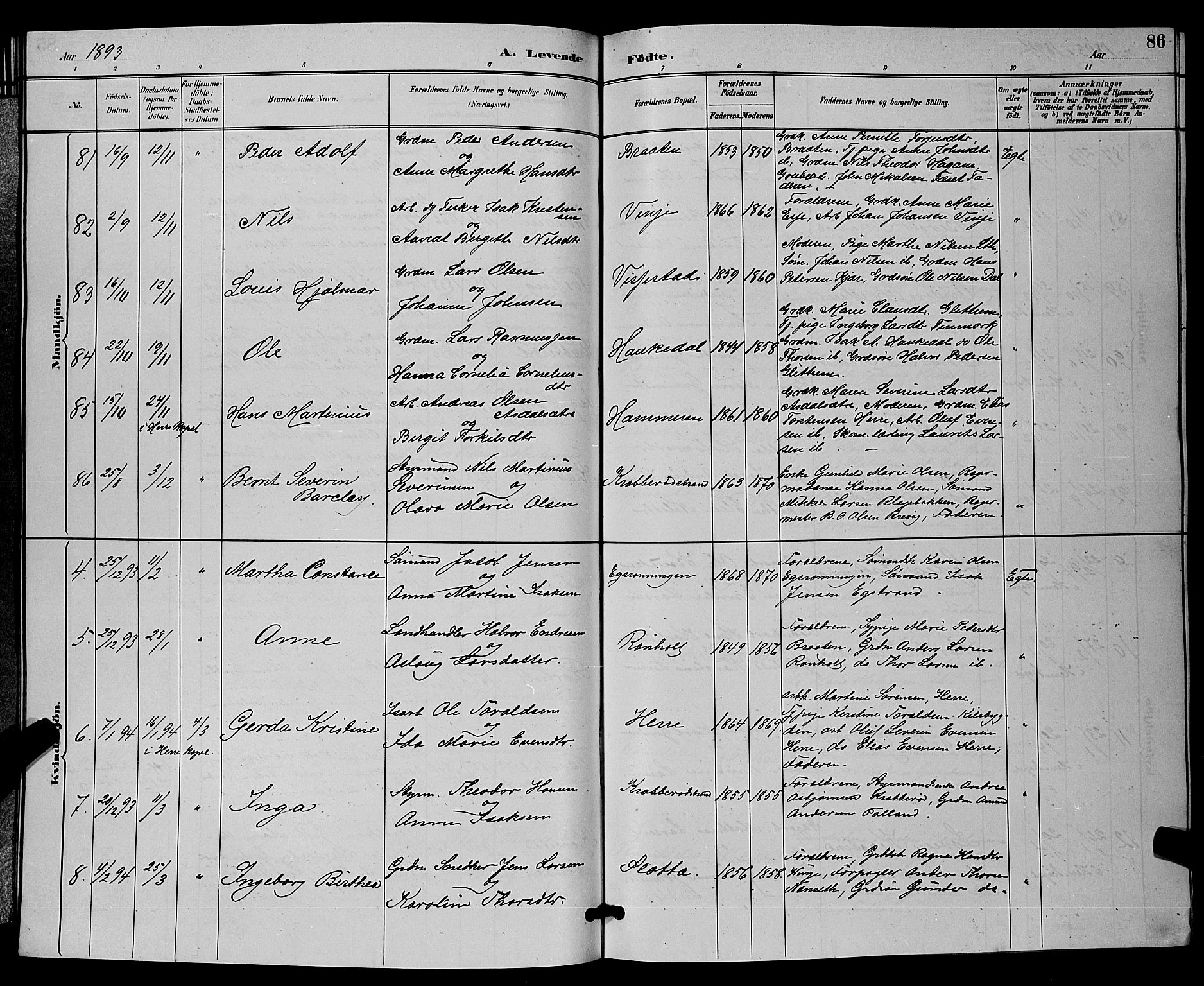 Bamble kirkebøker, SAKO/A-253/G/Ga/L0009: Parish register (copy) no. I 9, 1888-1900, p. 86