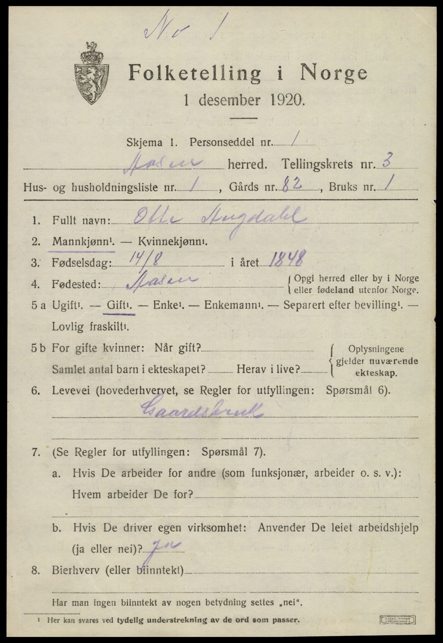 SAT, 1920 census for Åsen, 1920, p. 2062