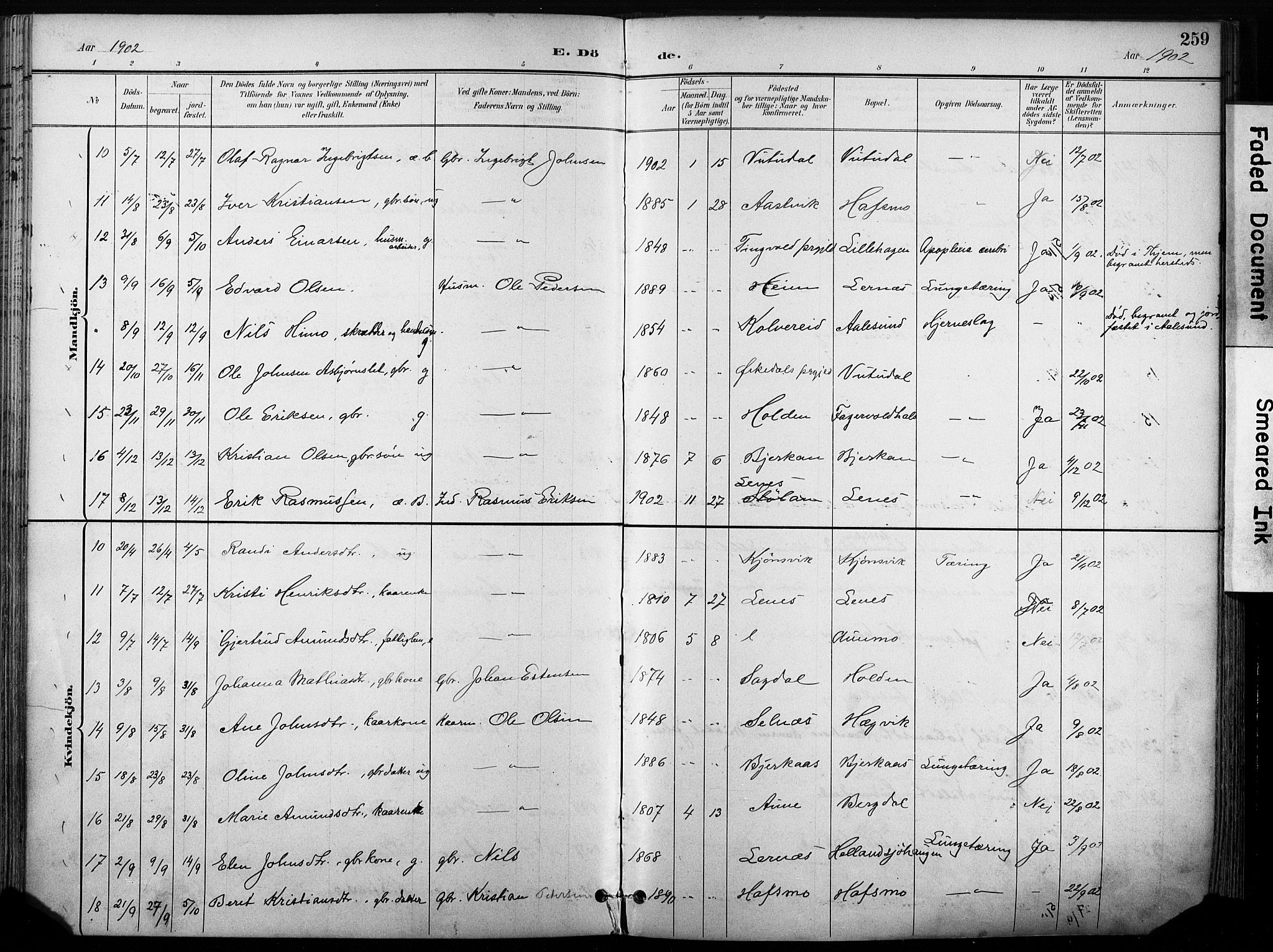 Ministerialprotokoller, klokkerbøker og fødselsregistre - Sør-Trøndelag, SAT/A-1456/630/L0497: Parish register (official) no. 630A10, 1896-1910, p. 259