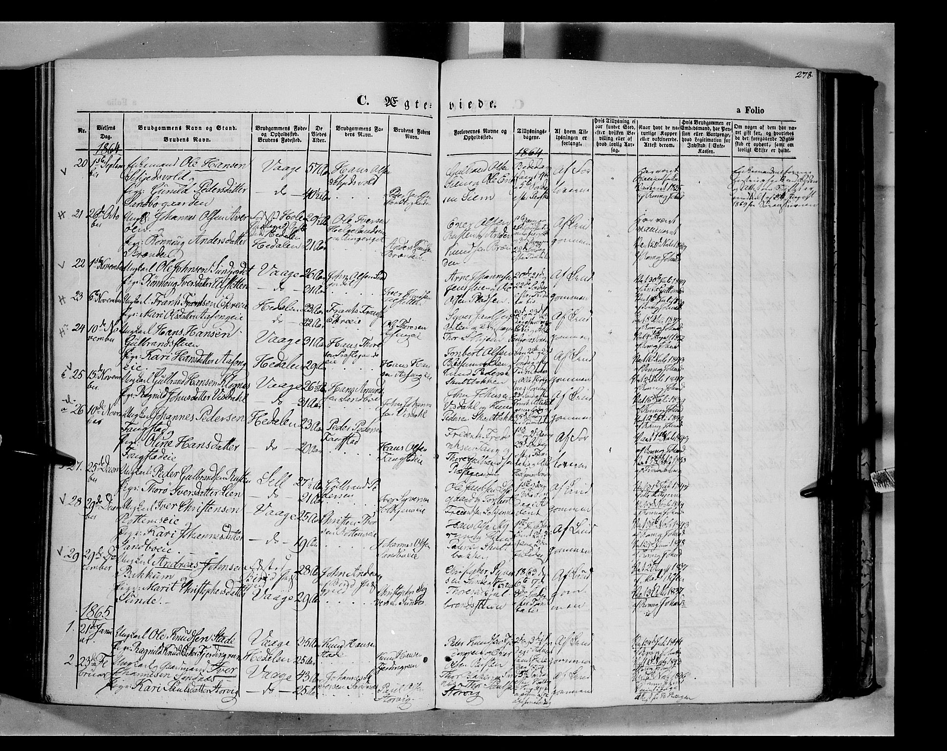 Vågå prestekontor, SAH/PREST-076/H/Ha/Haa/L0006: Parish register (official) no. 6 /1, 1856-1872, p. 278