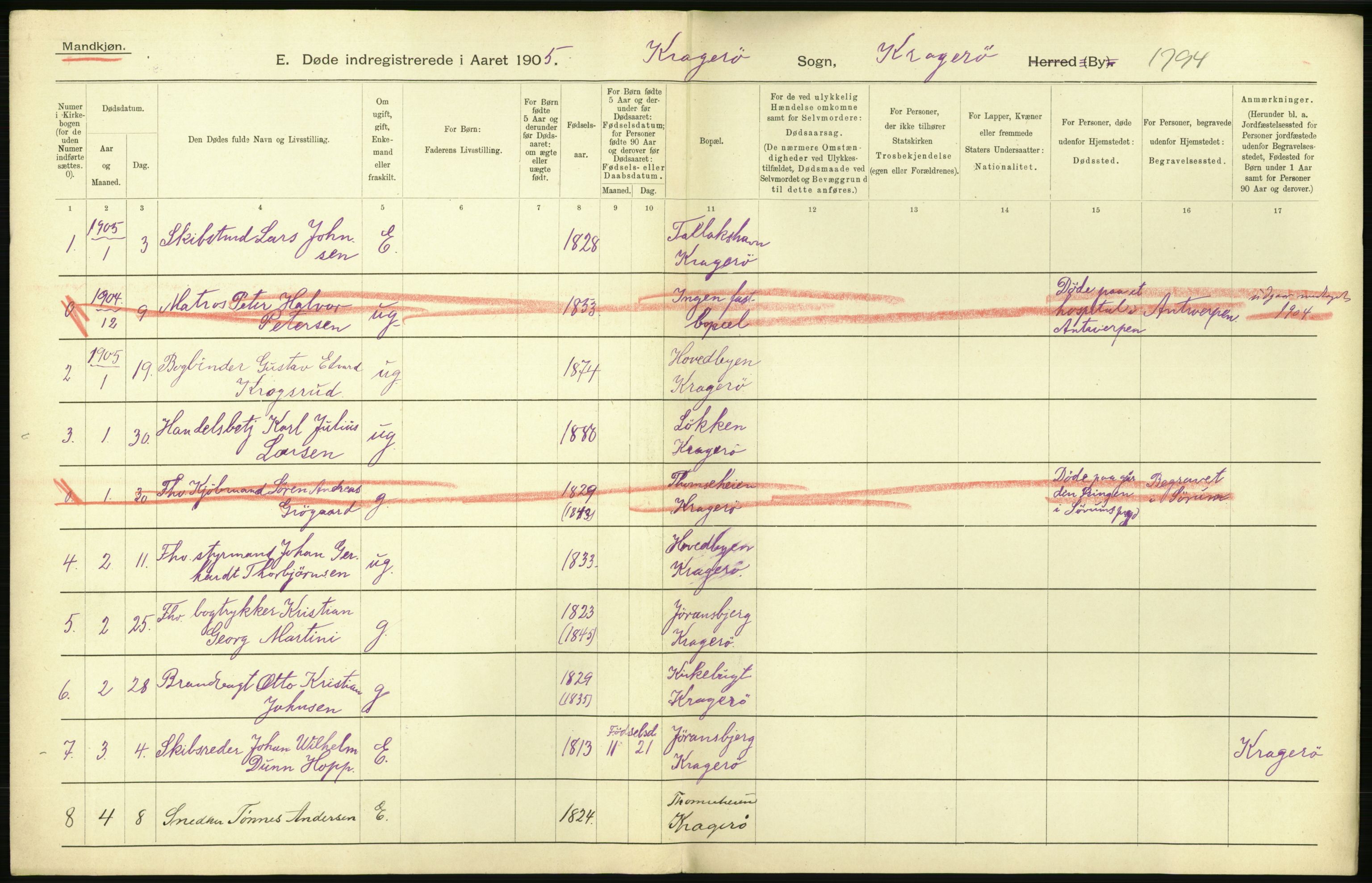 Statistisk sentralbyrå, Sosiodemografiske emner, Befolkning, AV/RA-S-2228/D/Df/Dfa/Dfac/L0043: Bratsberg - Lister og Mandals amt: Levendefødte menn og kvinner, gifte, døde, dødfødte. Byer., 1905, p. 226