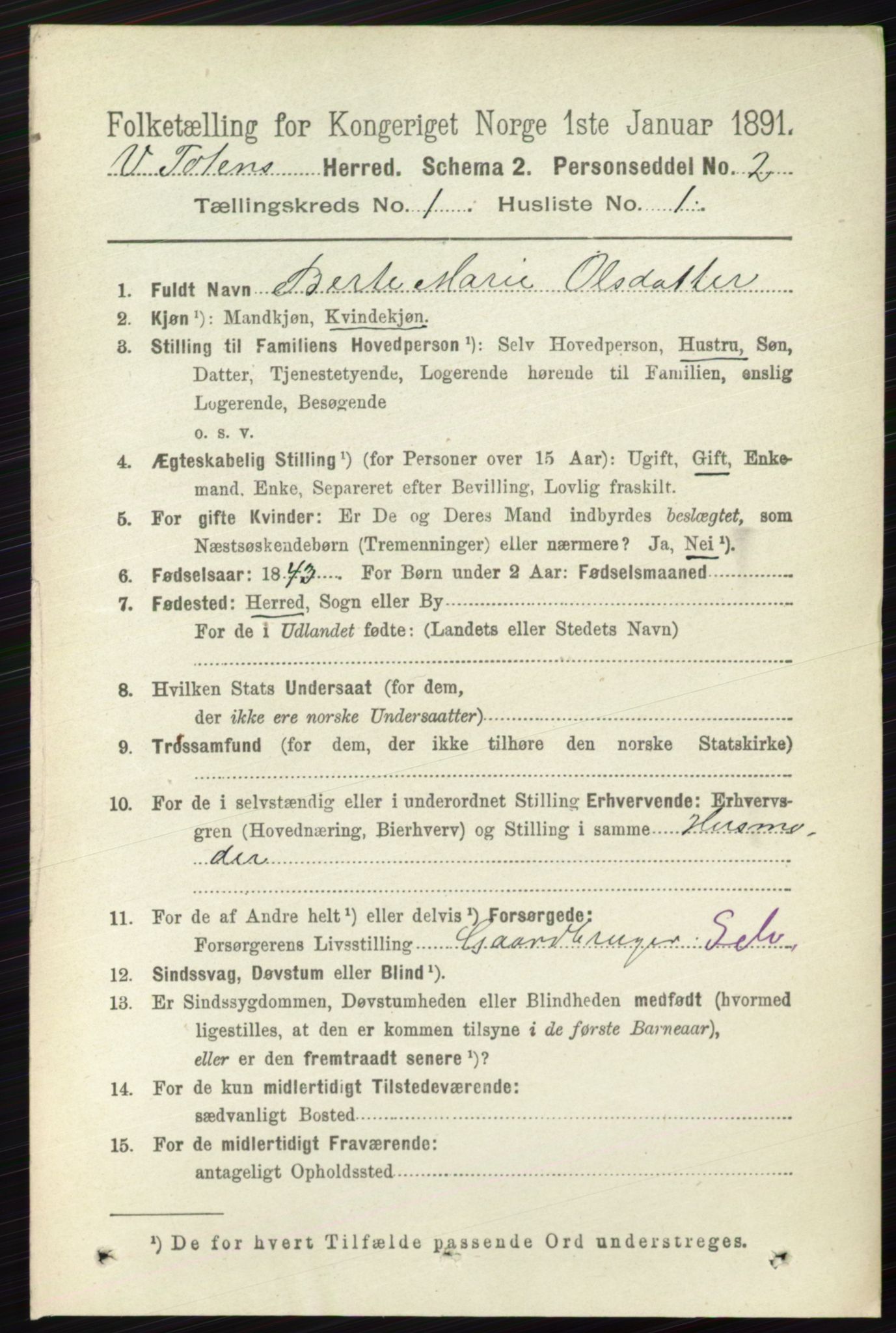 RA, 1891 census for 0529 Vestre Toten, 1891, p. 189