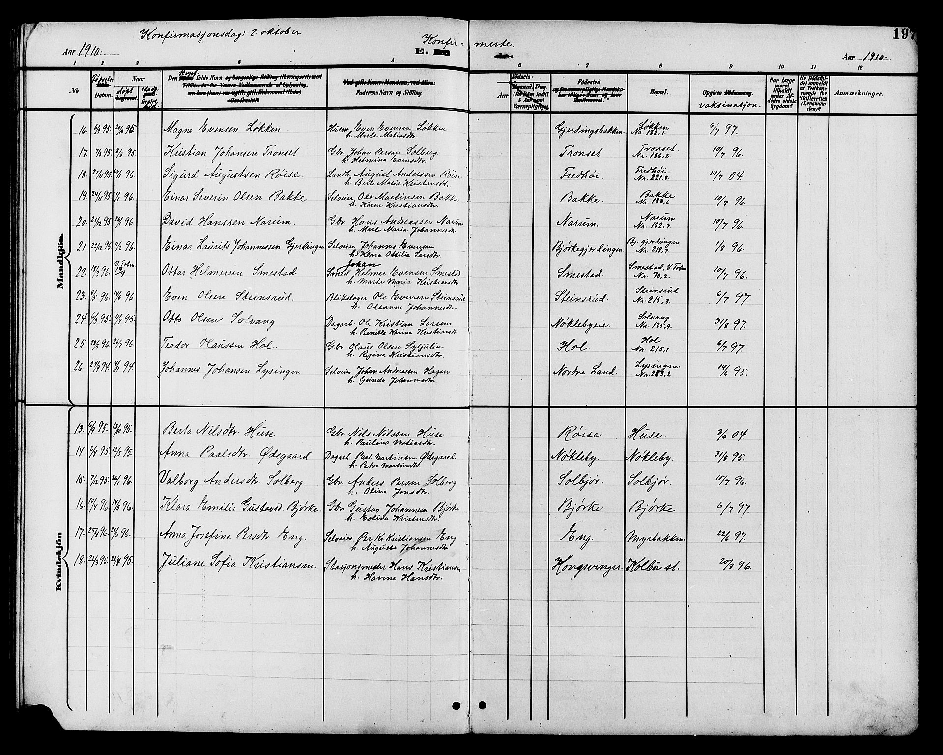 Vestre Toten prestekontor, SAH/PREST-108/H/Ha/Hab/L0011: Parish register (copy) no. 11, 1901-1911, p. 197