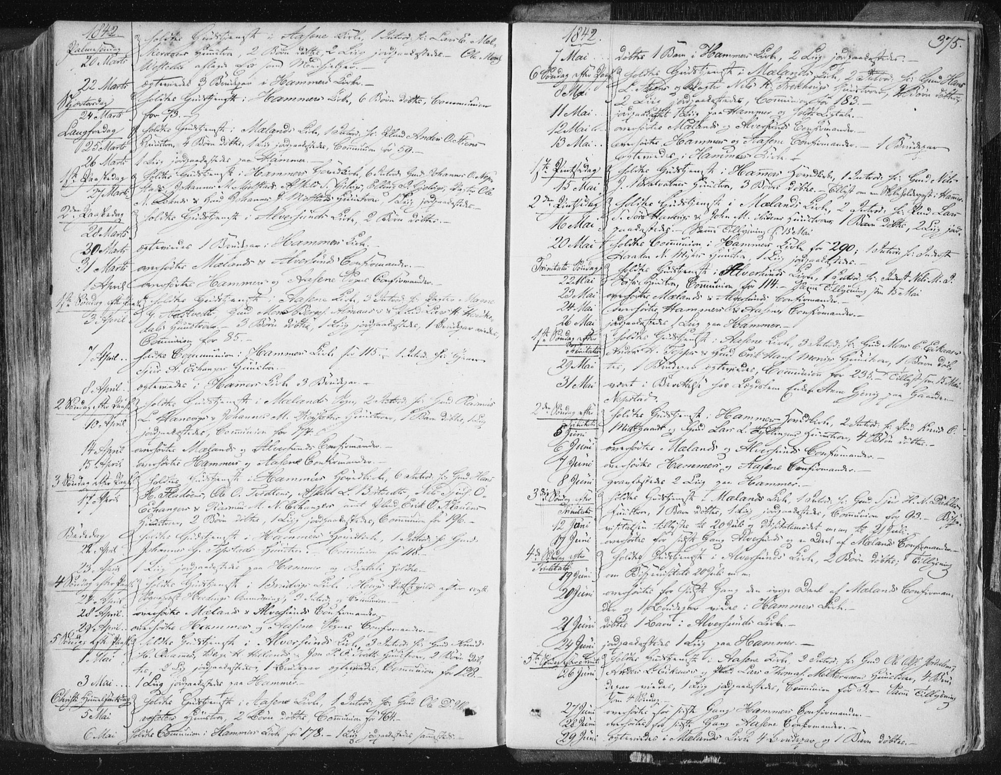 Hamre sokneprestembete, SAB/A-75501/H/Ha/Haa/Haaa/L0012: Parish register (official) no. A 12, 1834-1845, p. 375