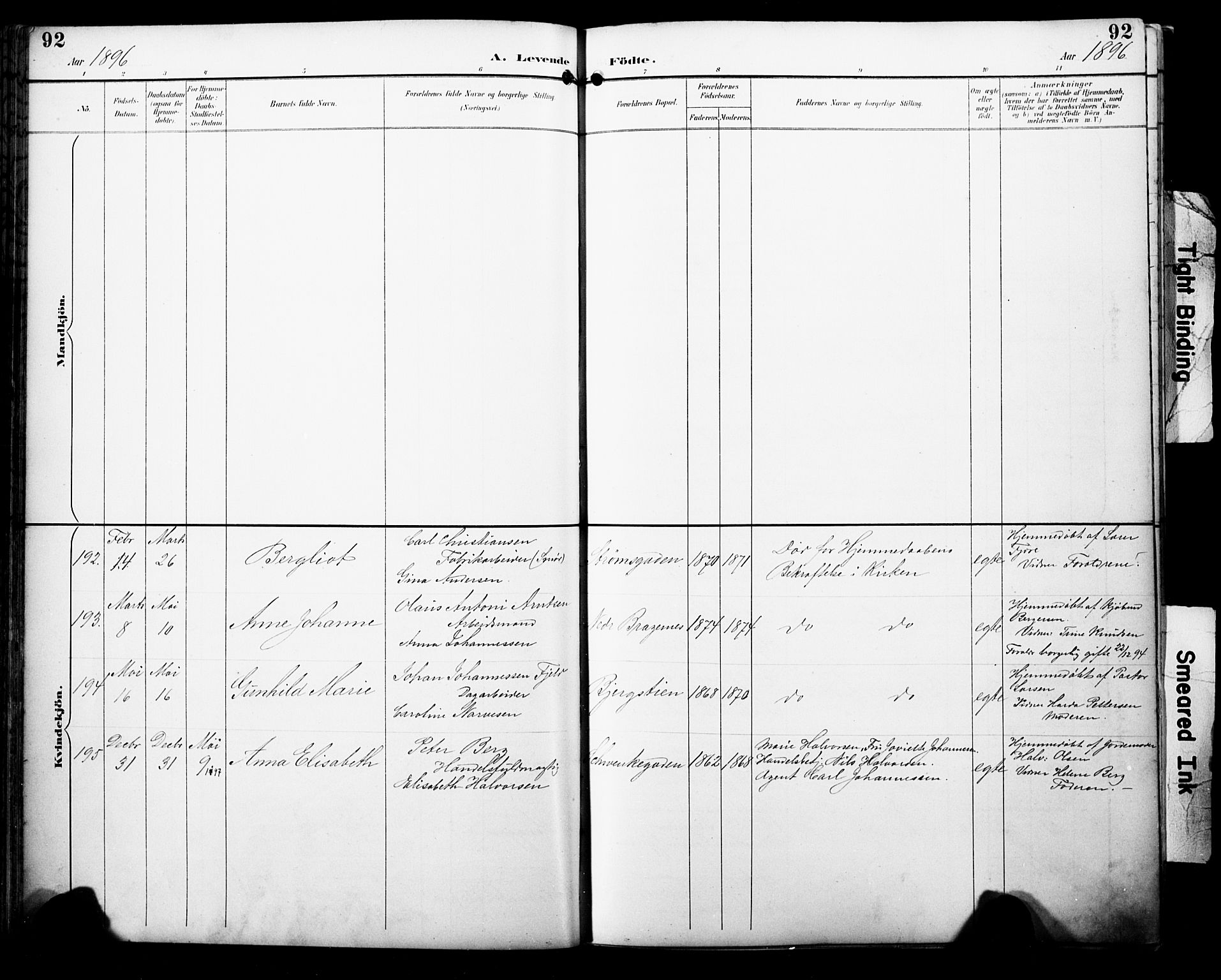 Bragernes kirkebøker, SAKO/A-6/F/Fb/L0008: Parish register (official) no. II 8, 1894-1902, p. 92