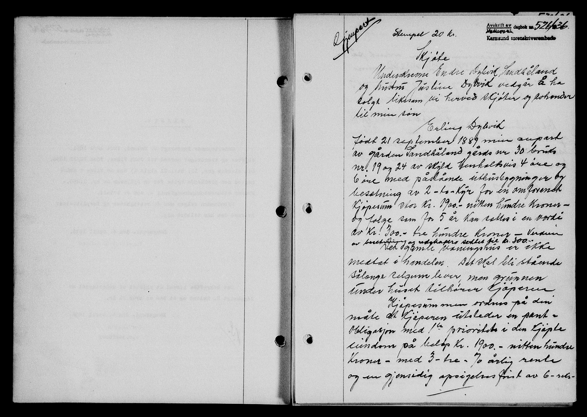 Karmsund sorenskriveri, SAST/A-100311/01/II/IIB/L0066: Mortgage book no. 47A, 1936-1936, Diary no: : 526/1936