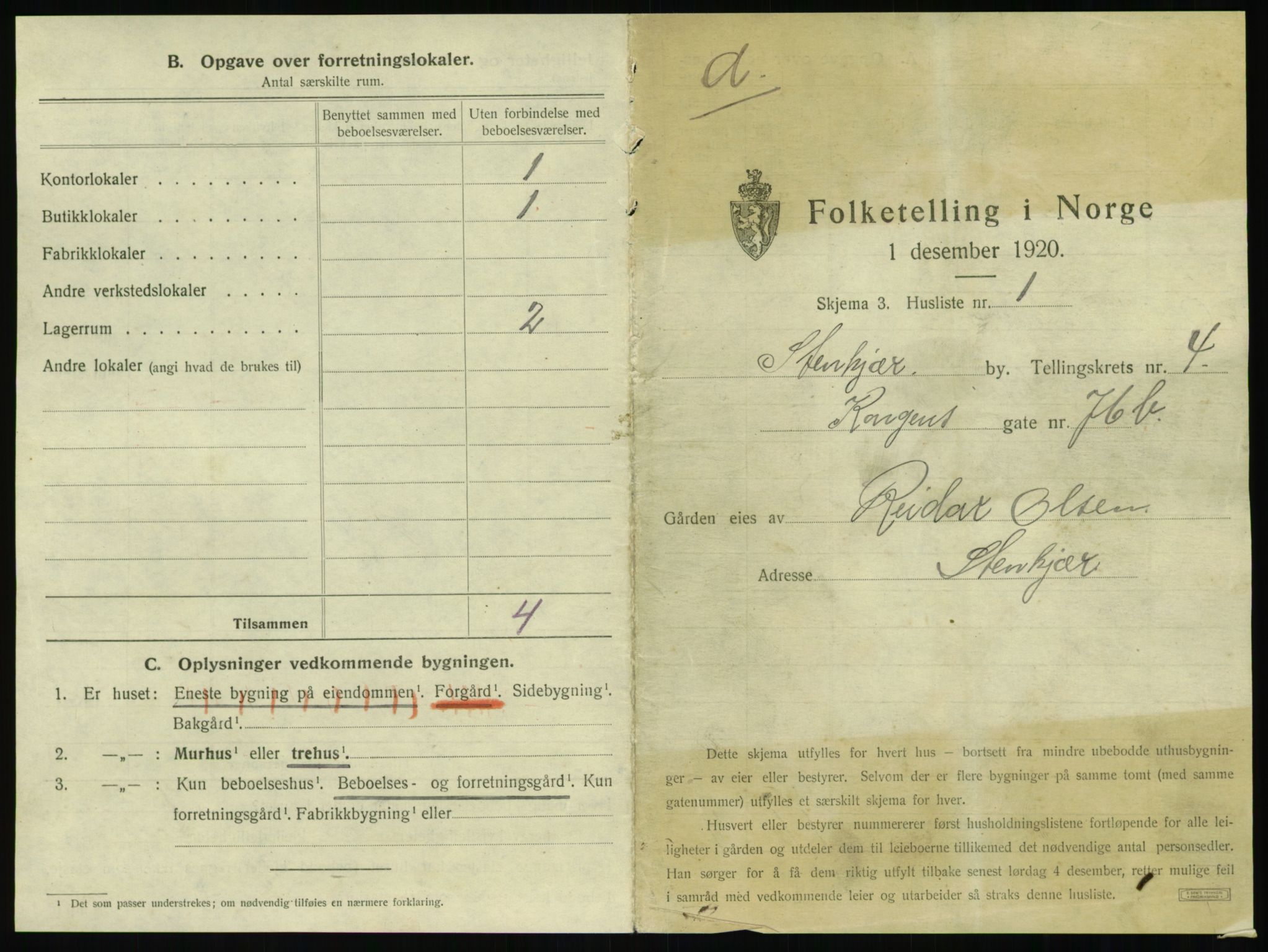 SAT, 1920 census for Steinkjer, 1920, p. 572