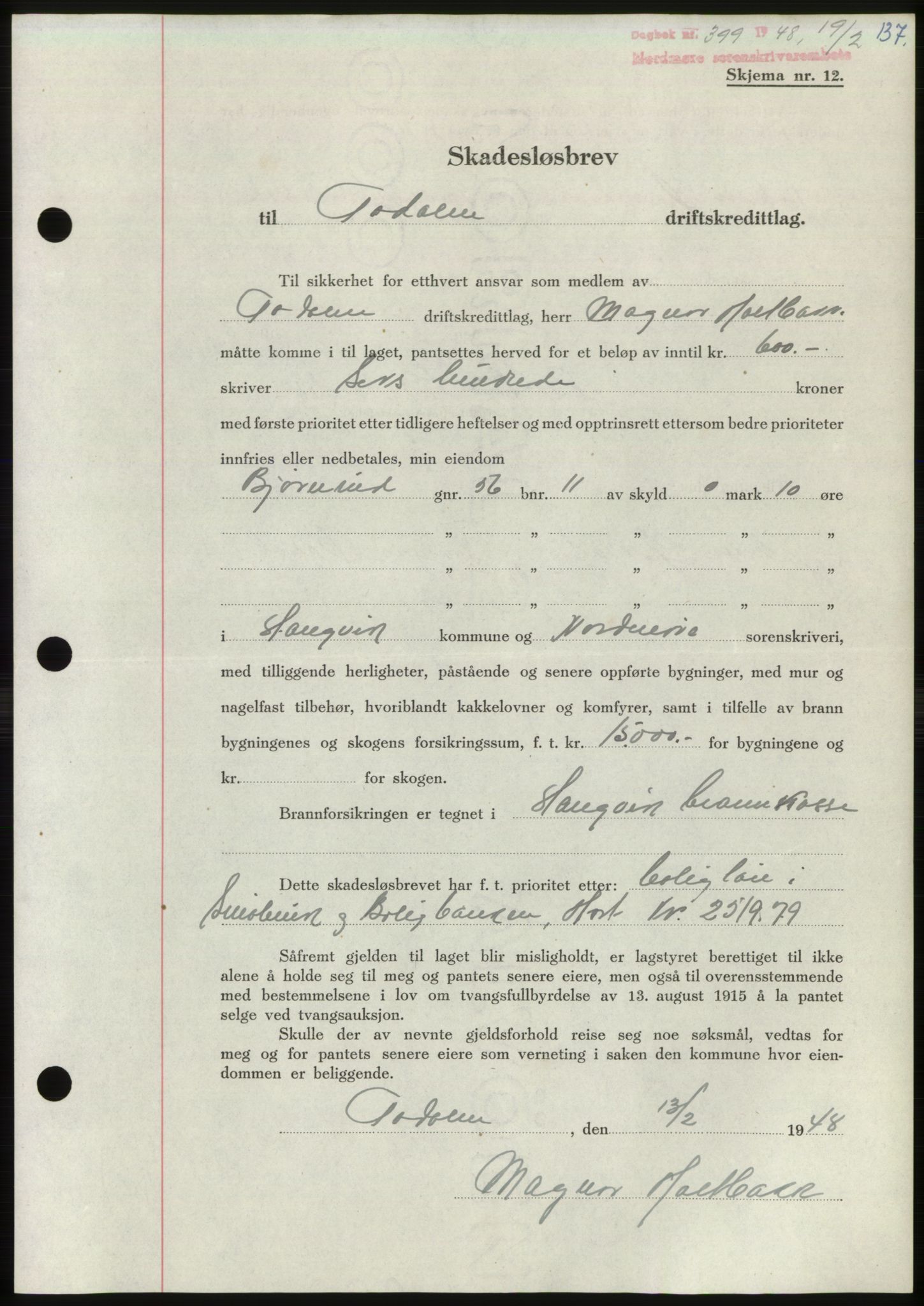 Nordmøre sorenskriveri, AV/SAT-A-4132/1/2/2Ca: Mortgage book no. B98, 1948-1948, Diary no: : 399/1948