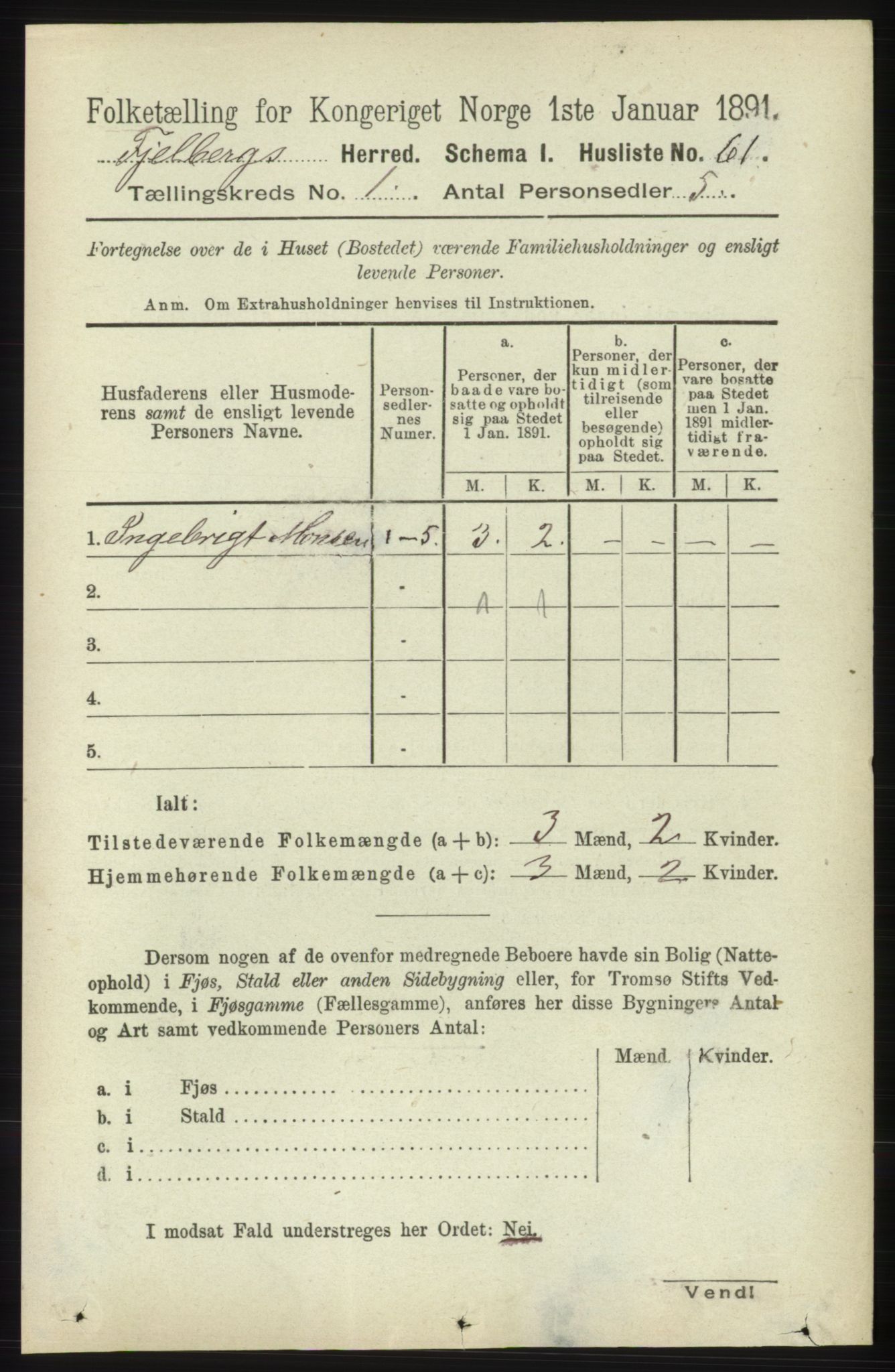 RA, 1891 census for 1213 Fjelberg, 1891, p. 90