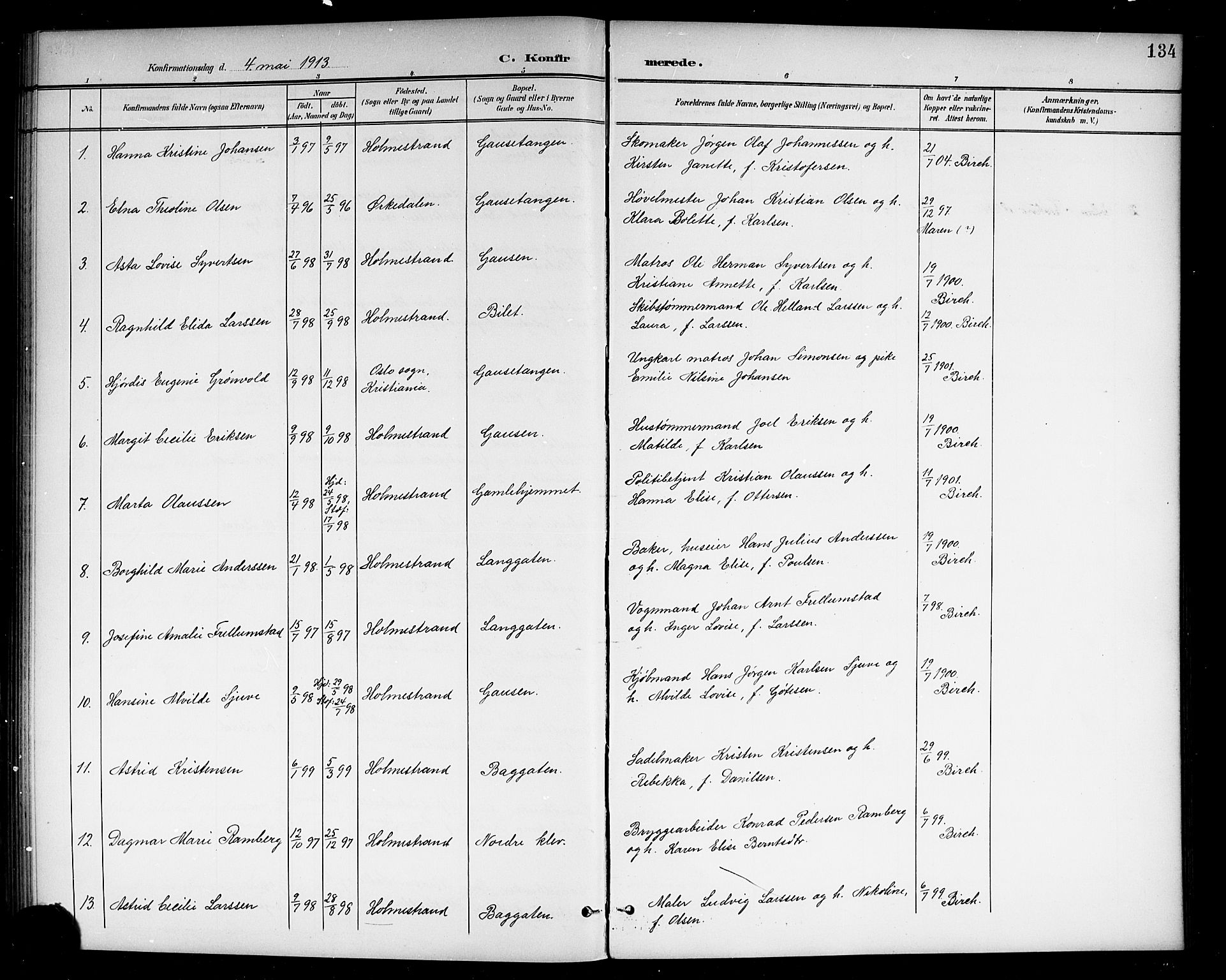 Holmestrand kirkebøker, SAKO/A-346/G/Ga/L0006: Parish register (copy) no. 6, 1901-1923, p. 134