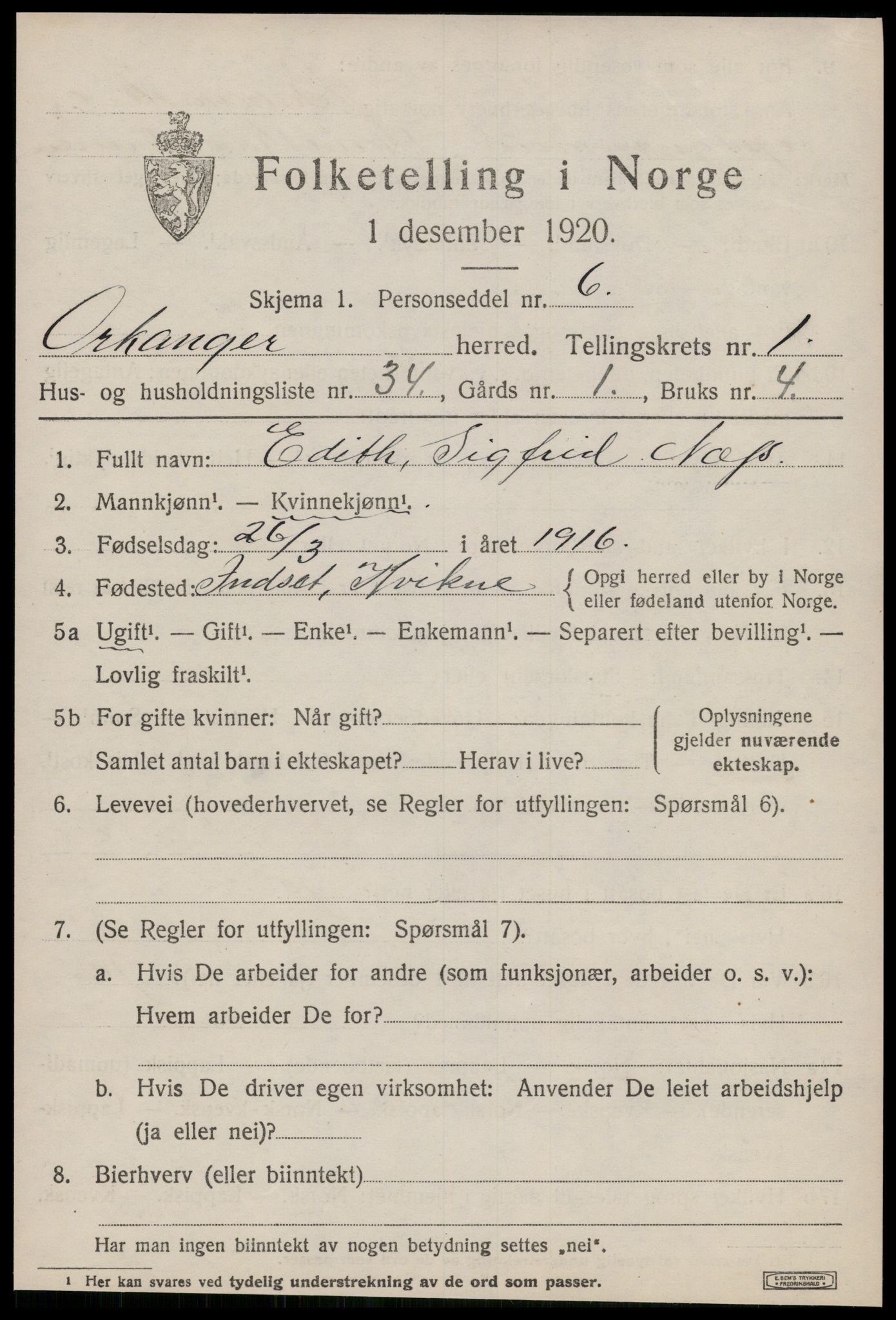 SAT, 1920 census for Orkanger, 1920, p. 1189