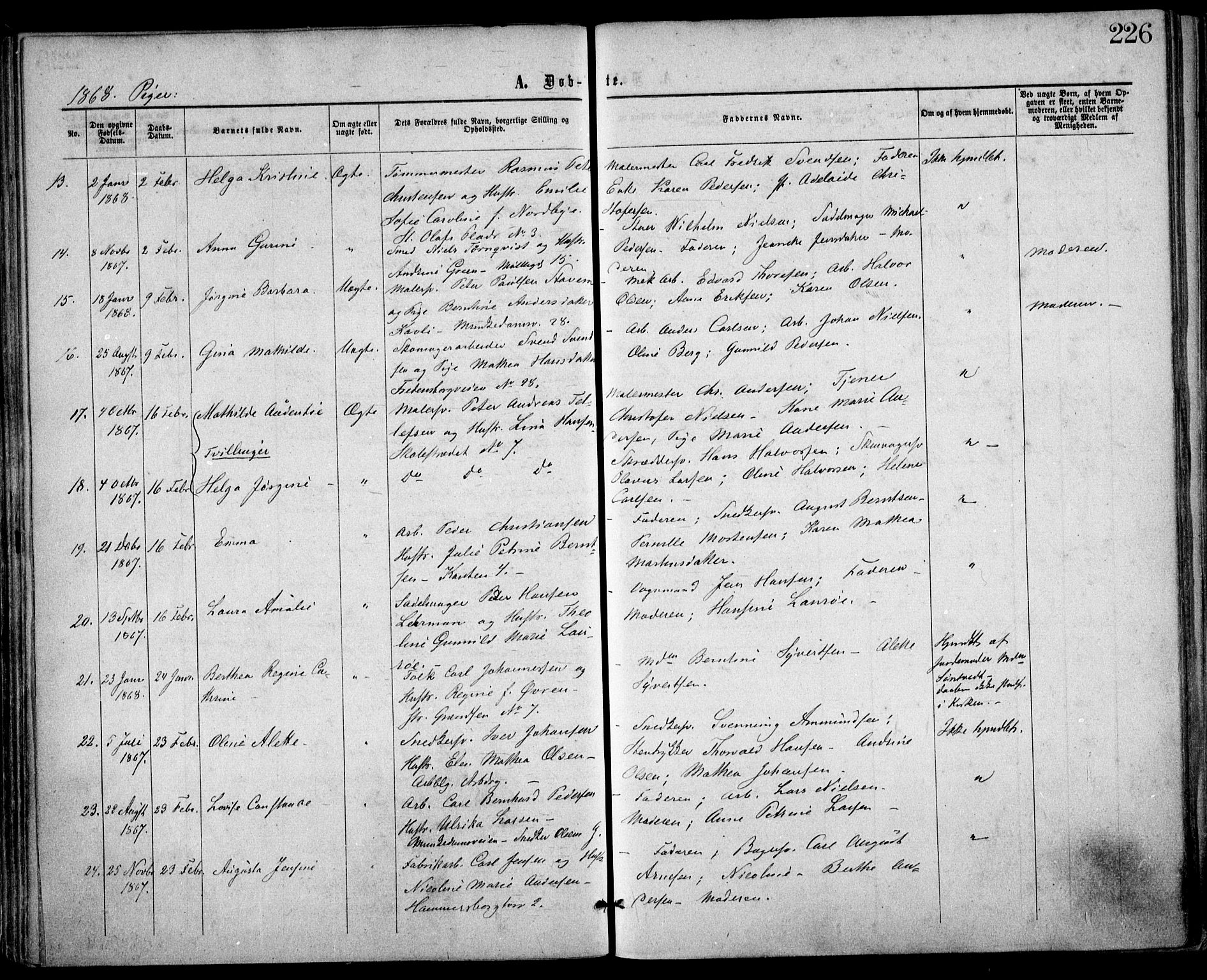 Trefoldighet prestekontor Kirkebøker, AV/SAO-A-10882/F/Fa/L0002: Parish register (official) no. I 2, 1863-1870, p. 226