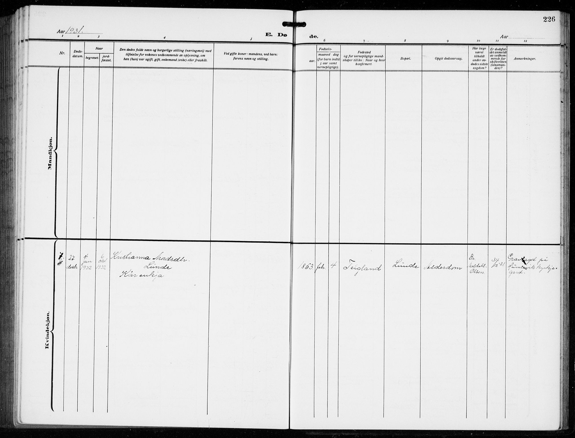 Tysnes sokneprestembete, SAB/A-78601/H/Hab: Parish register (copy) no. B  3, 1918-1935, p. 226