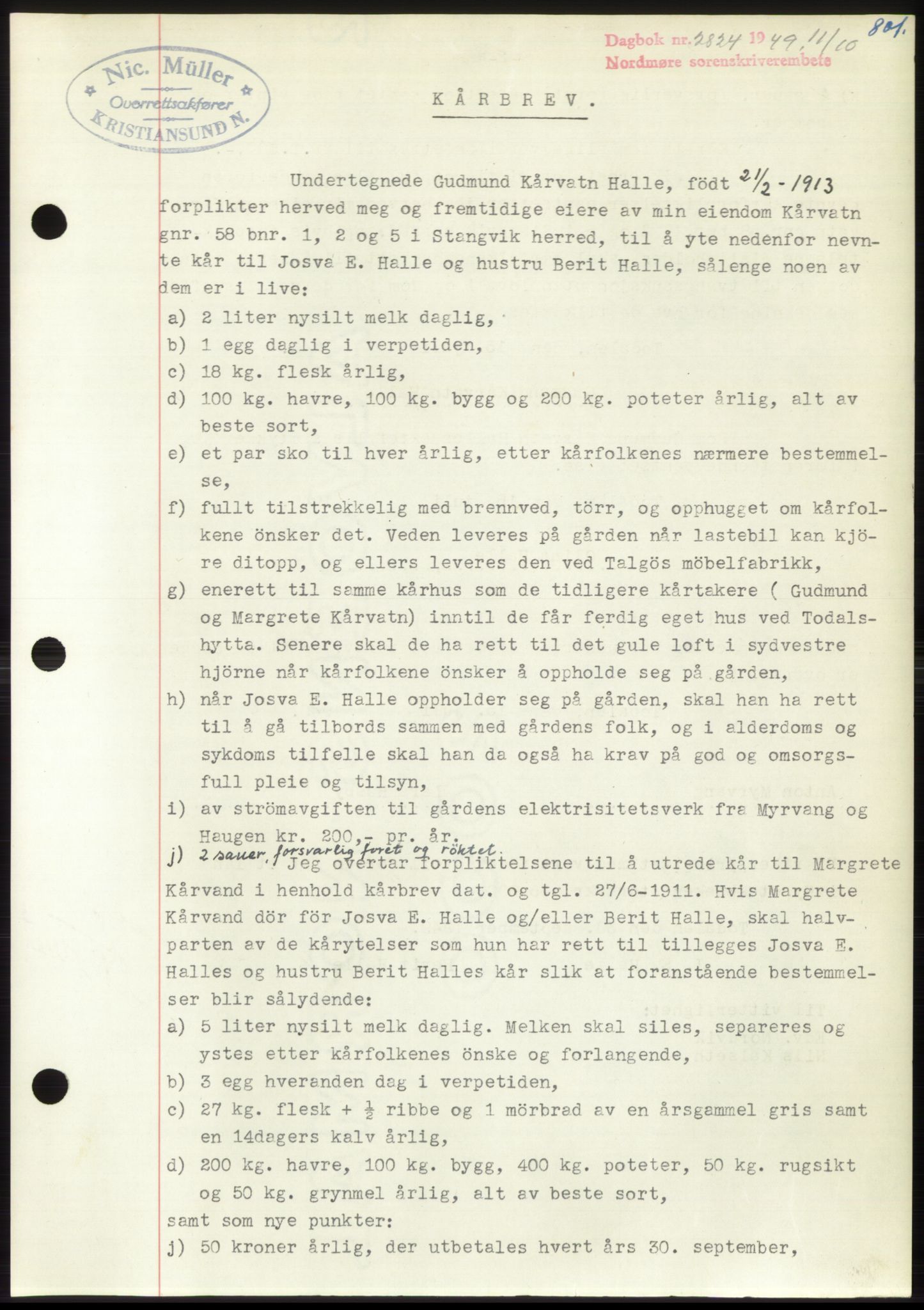 Nordmøre sorenskriveri, AV/SAT-A-4132/1/2/2Ca: Mortgage book no. B102, 1949-1949, Diary no: : 2824/1949