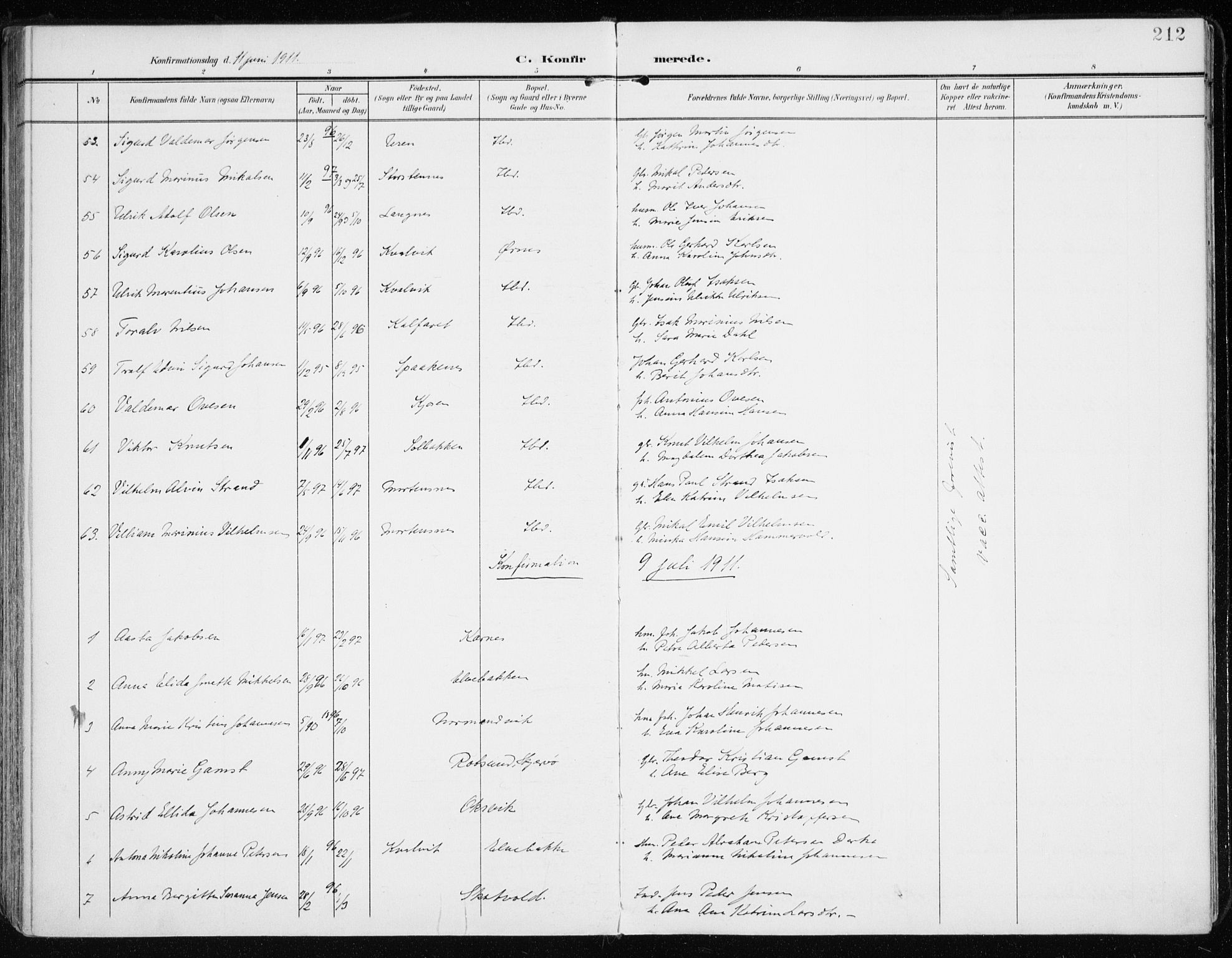 Lyngen sokneprestembete, AV/SATØ-S-1289/H/He/Hea/L0011kirke: Parish register (official) no. 11, 1903-1913, p. 212