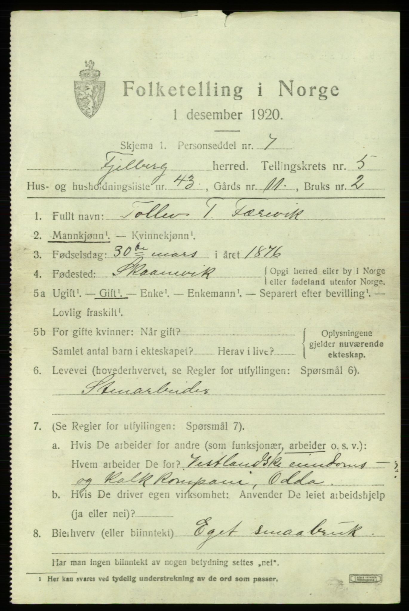 SAB, 1920 census for Fjelberg, 1920, p. 2177