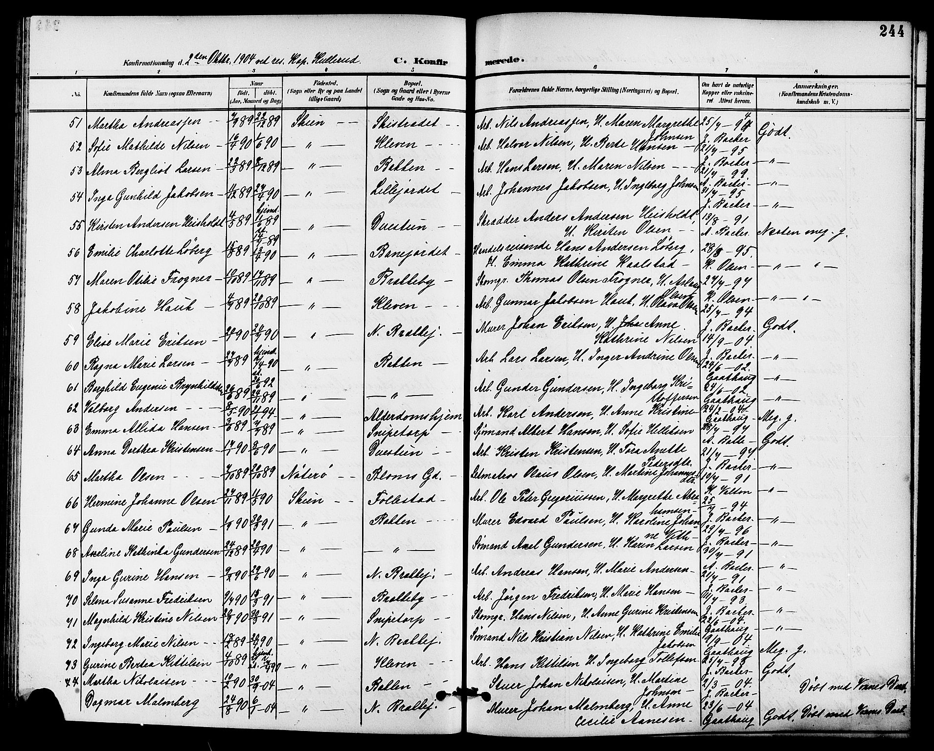 Skien kirkebøker, SAKO/A-302/G/Ga/L0008: Parish register (copy) no. 8, 1900-1910, p. 244
