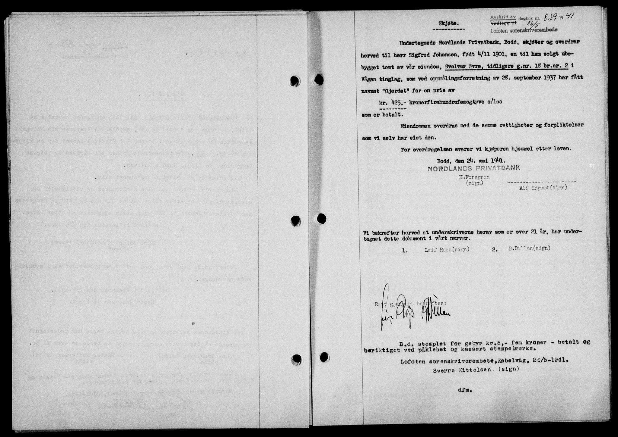 Lofoten sorenskriveri, SAT/A-0017/1/2/2C/L0008a: Mortgage book no. 8a, 1940-1941, Diary no: : 839/1941