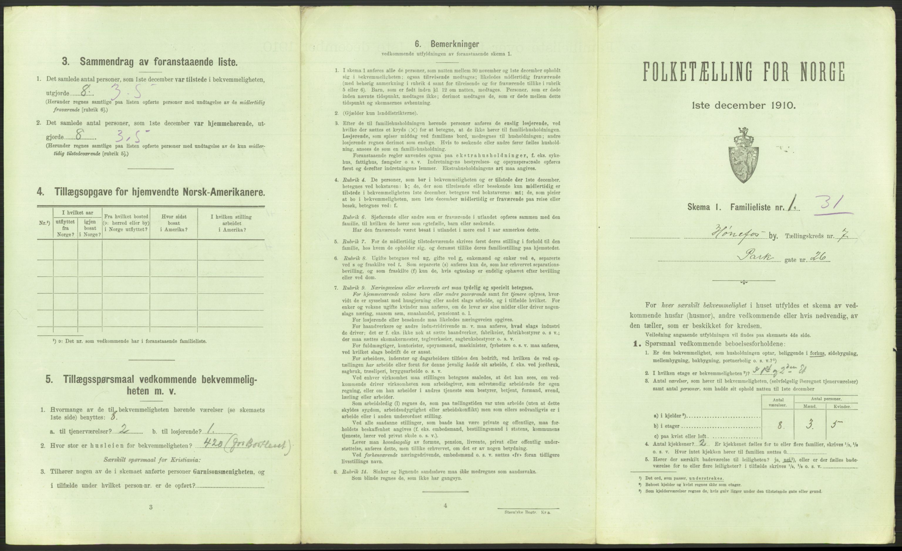 RA, 1910 census for Hønefoss, 1910