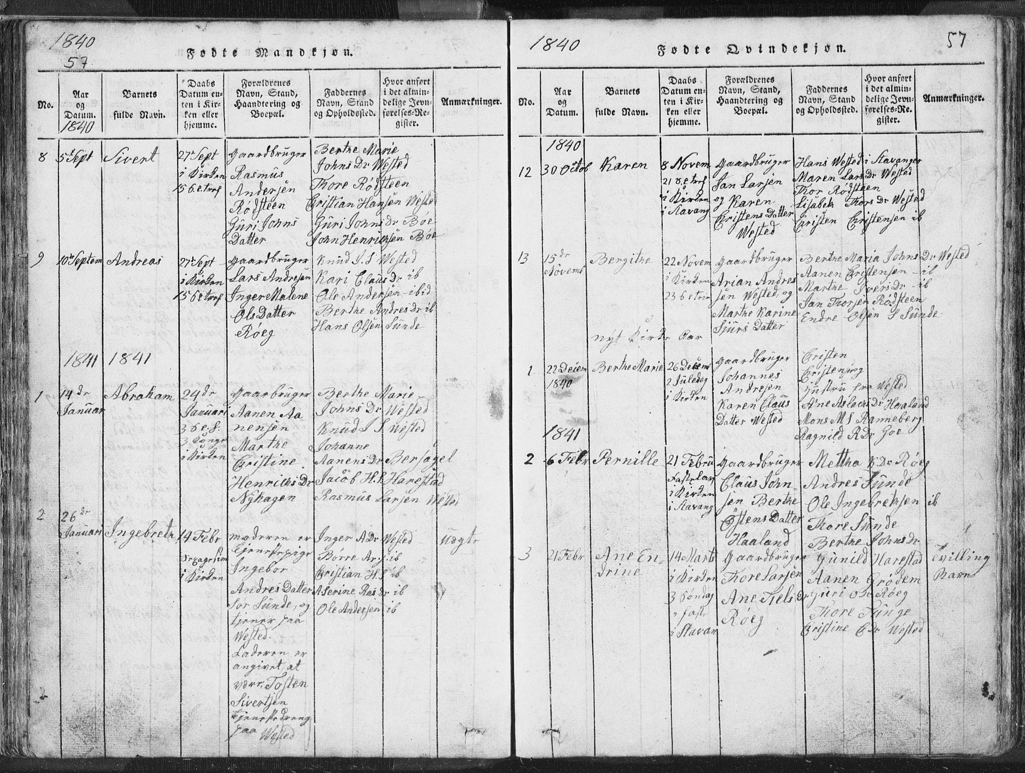 Hetland sokneprestkontor, SAST/A-101826/30/30BA/L0001: Parish register (official) no. A 1, 1816-1856, p. 57