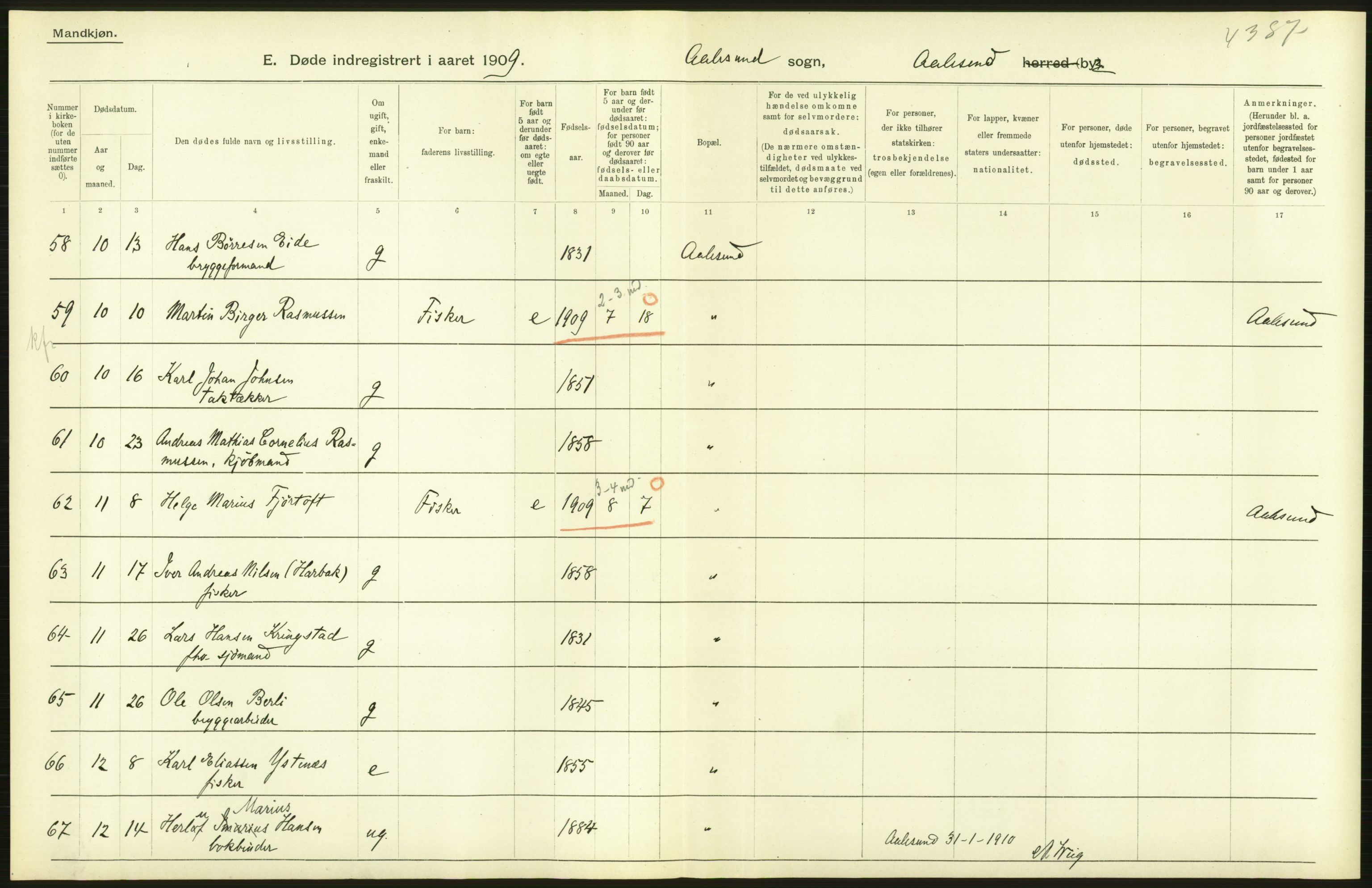 Statistisk sentralbyrå, Sosiodemografiske emner, Befolkning, AV/RA-S-2228/D/Df/Dfa/Dfag/L0038: Romsdals amt: Døde. Bygder og byer., 1909, p. 76