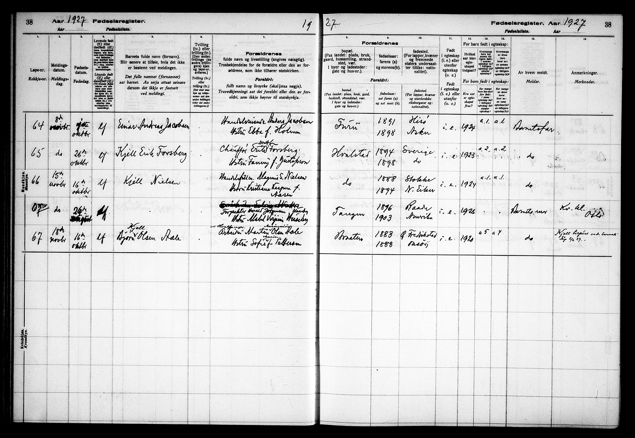 Asker prestekontor Kirkebøker, AV/SAO-A-10256a/J/L0002: Birth register no. 2, 1925-1938, p. 38