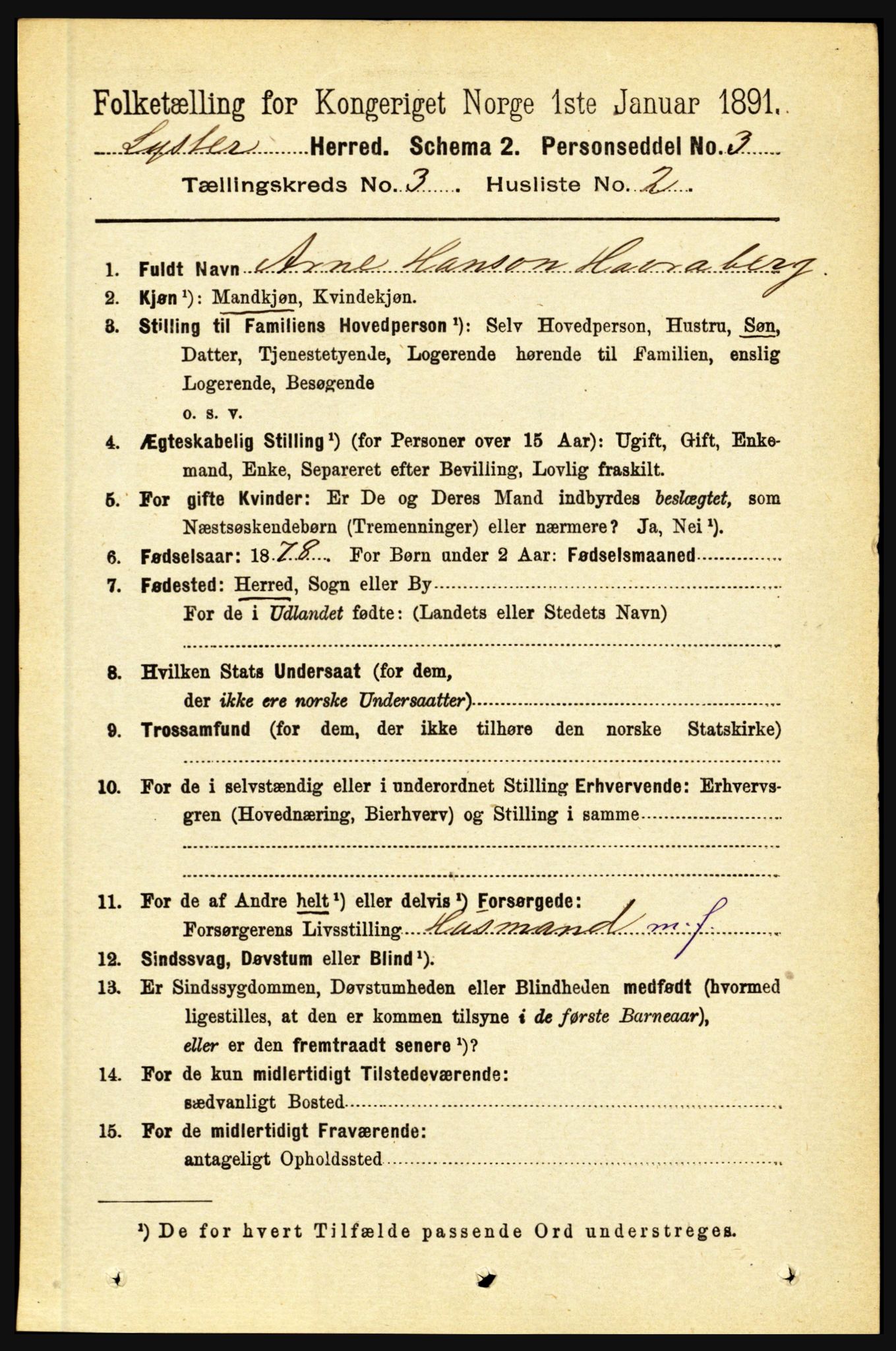 RA, 1891 census for 1426 Luster, 1891, p. 1158