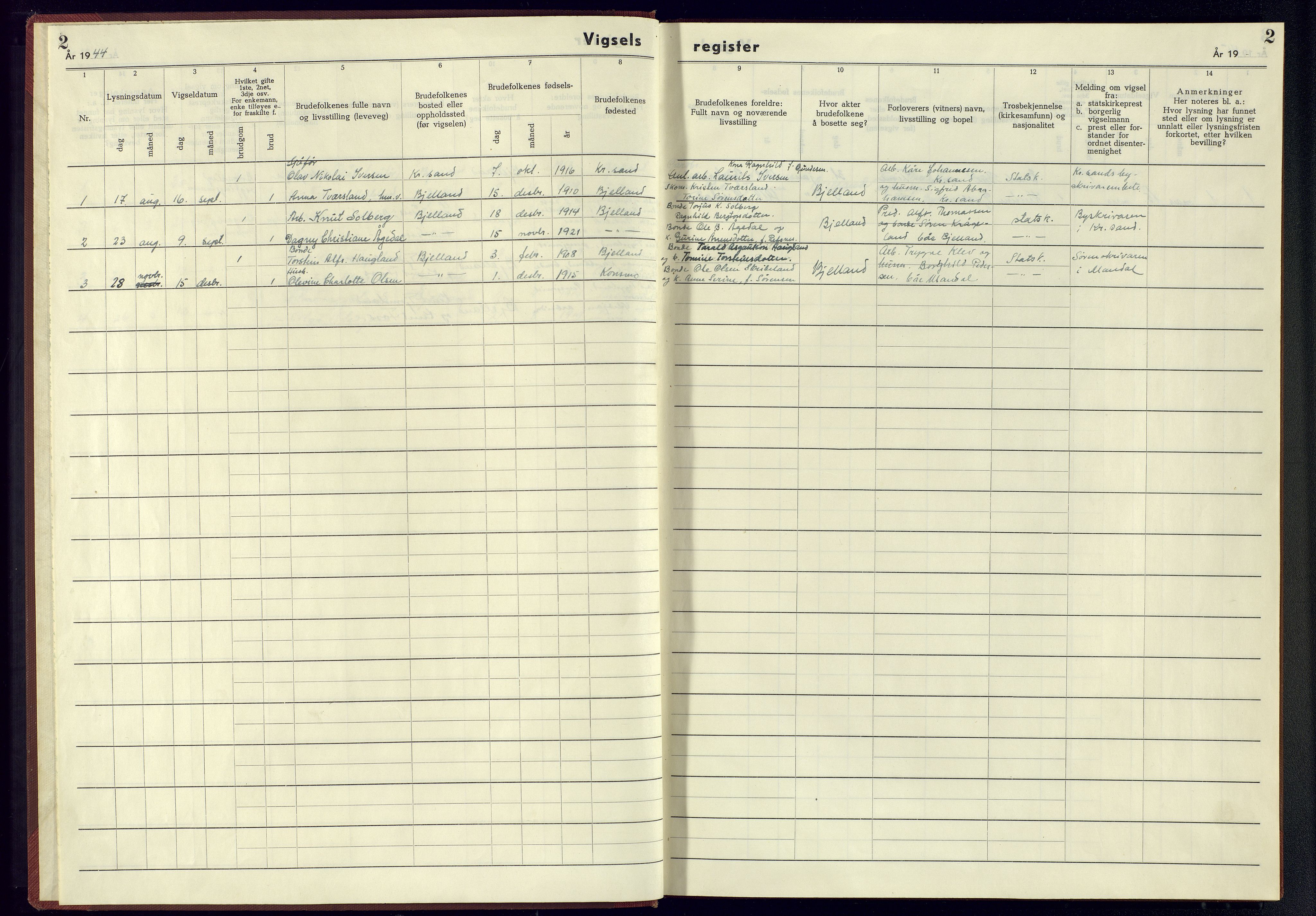 Bjelland sokneprestkontor, SAK/1111-0005/J/Jb/L0003: Marriage register no. II.6.3, 1943-1945, p. 2