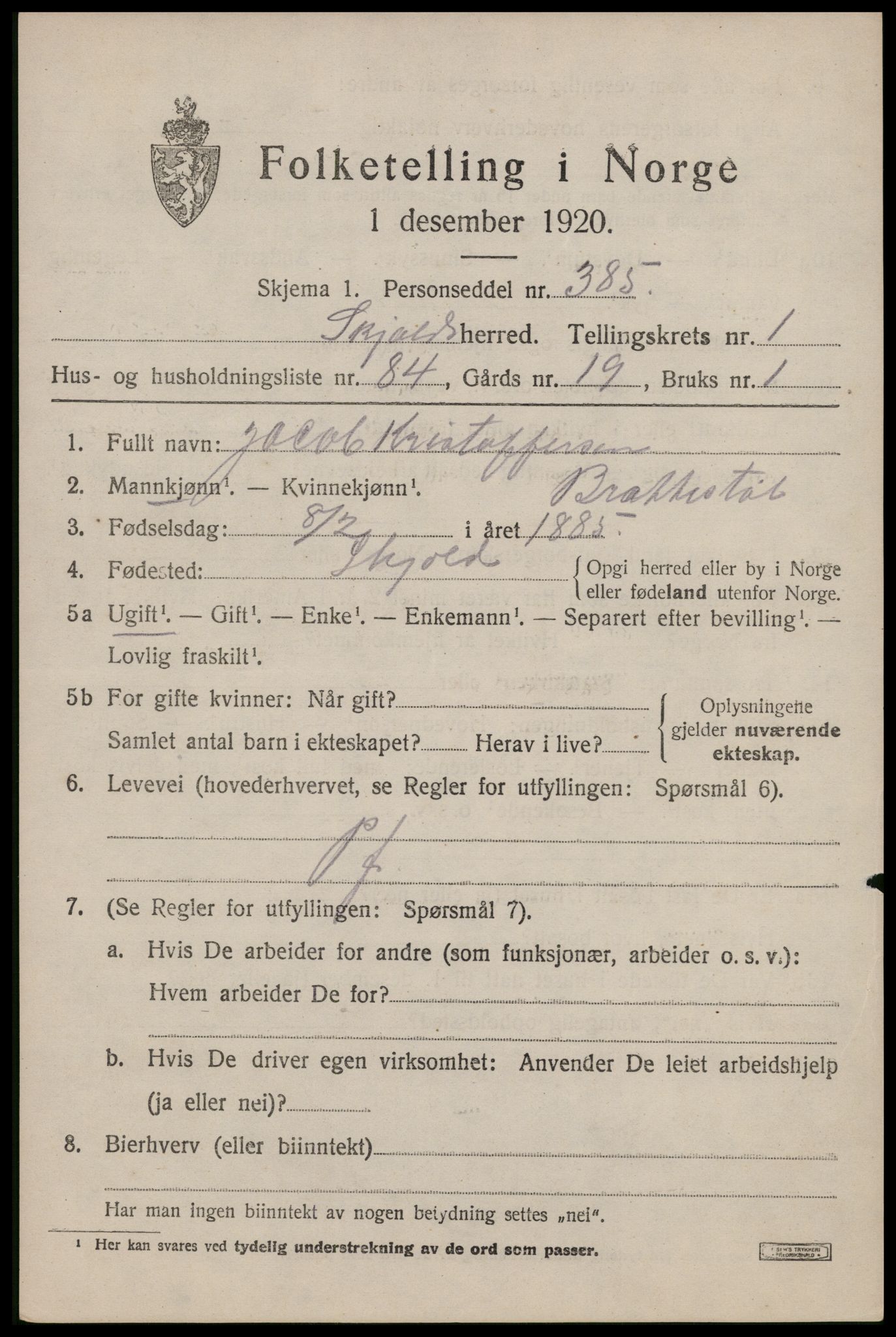 SAST, 1920 census for Skjold, 1920, p. 1682