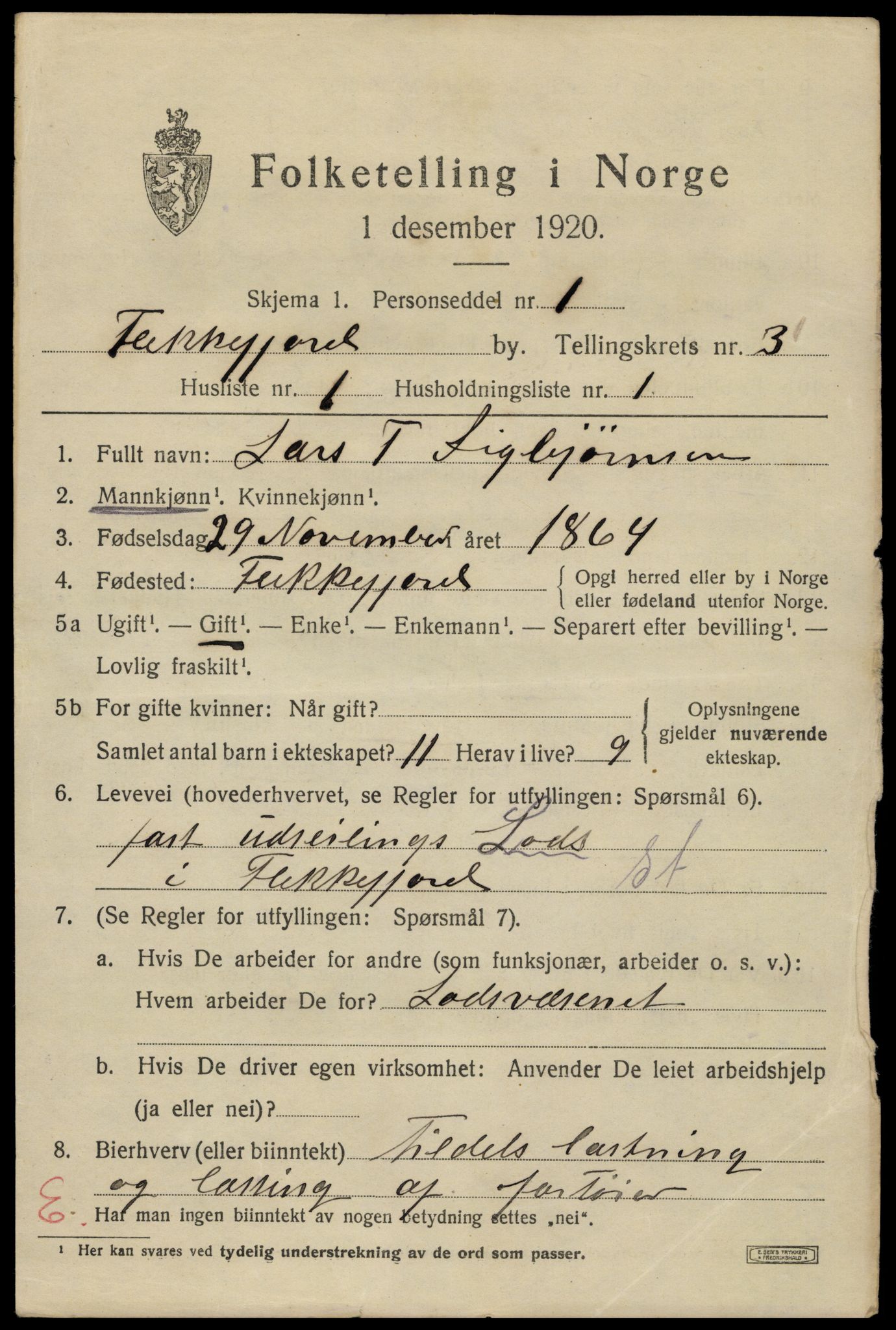 SAK, 1920 census for Flekkefjord, 1920, p. 3406