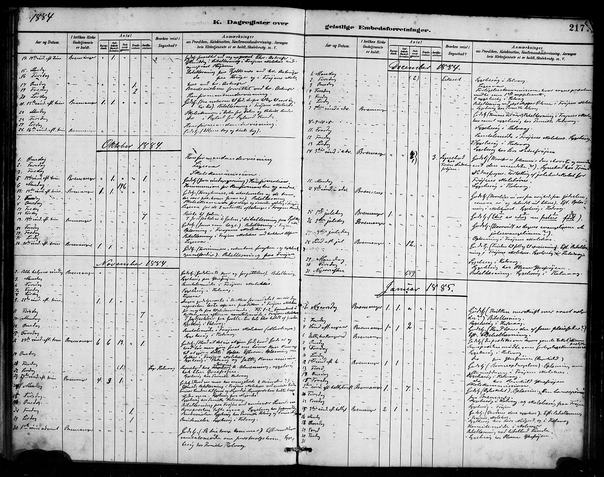 Bremanger sokneprestembete, SAB/A-82201/H/Haa/Haab/L0001: Parish register (official) no. B 1, 1884-1895, p. 217