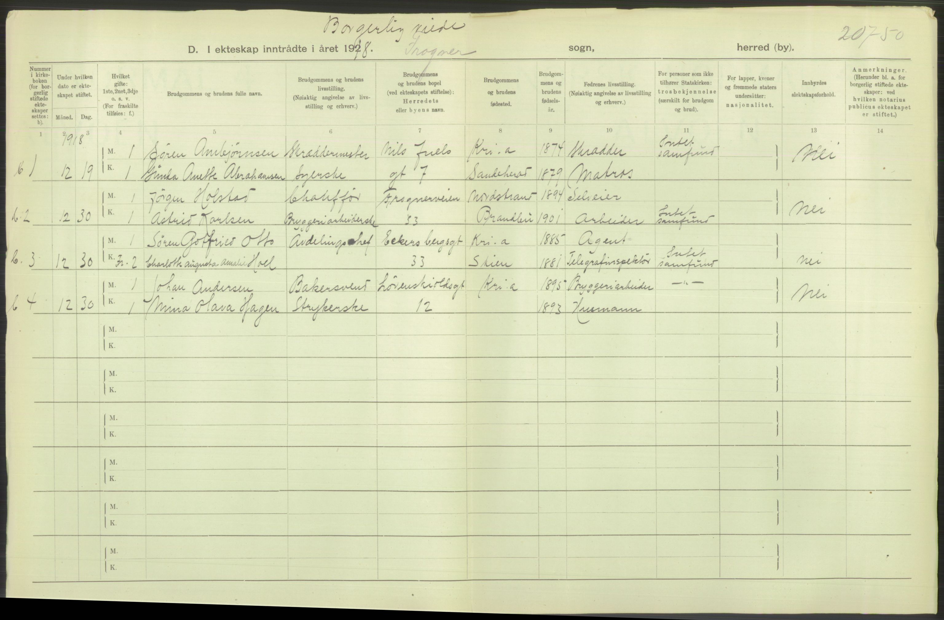 Statistisk sentralbyrå, Sosiodemografiske emner, Befolkning, AV/RA-S-2228/D/Df/Dfb/Dfbh/L0009: Kristiania: Gifte, 1918, p. 168