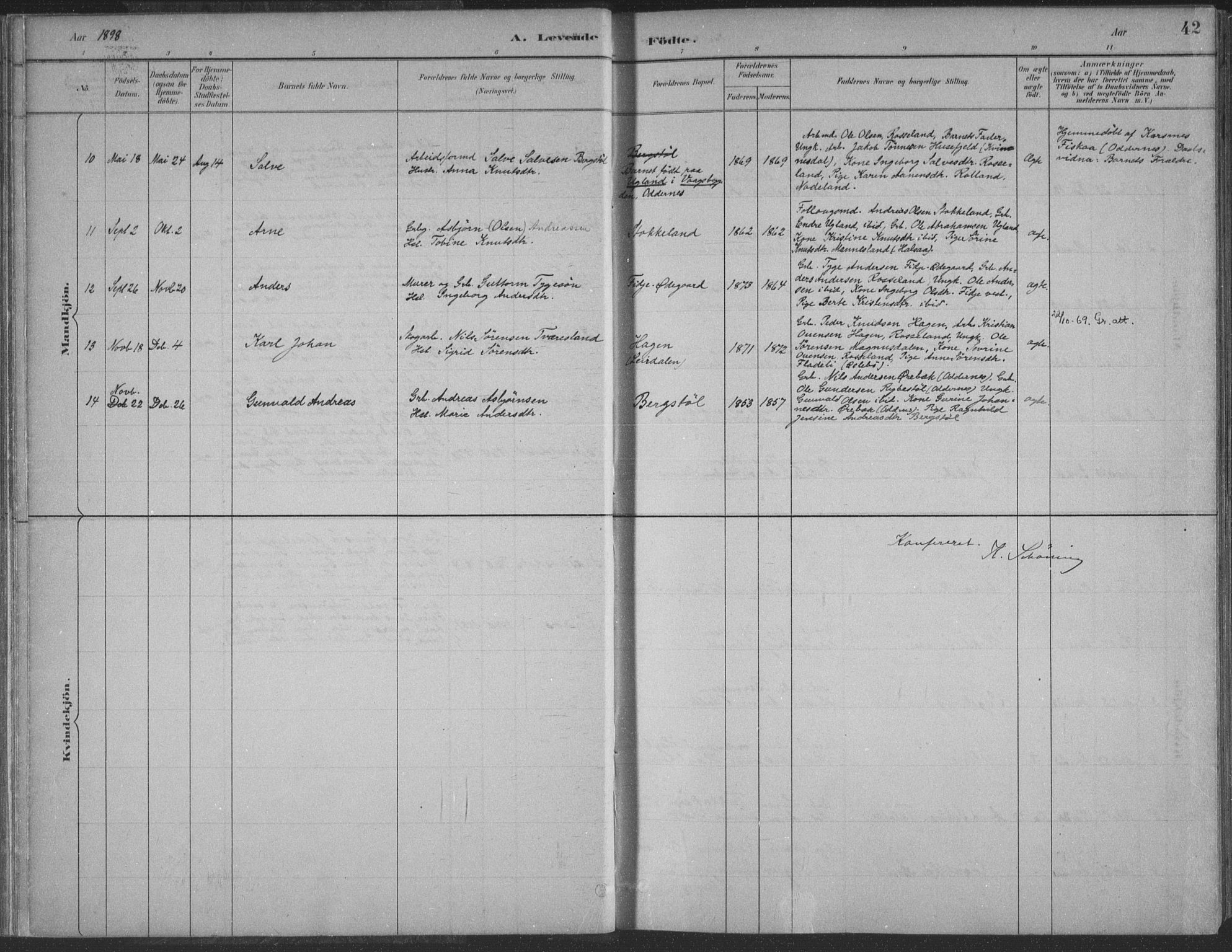 Søgne sokneprestkontor, AV/SAK-1111-0037/F/Fa/Faa/L0003: Parish register (official) no. A 3, 1883-1910, p. 42