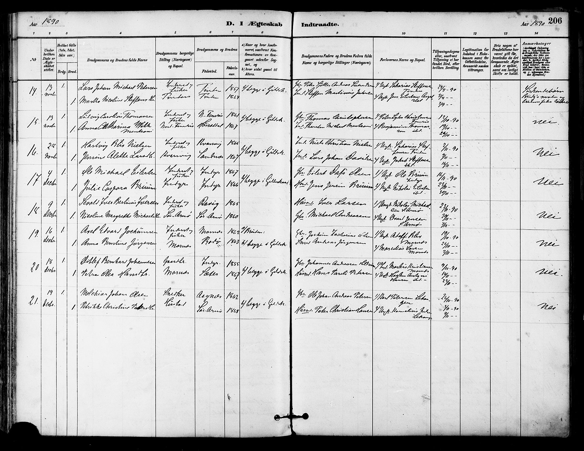 Ministerialprotokoller, klokkerbøker og fødselsregistre - Nordland, AV/SAT-A-1459/805/L0099: Parish register (official) no. 805A06, 1880-1891, p. 206