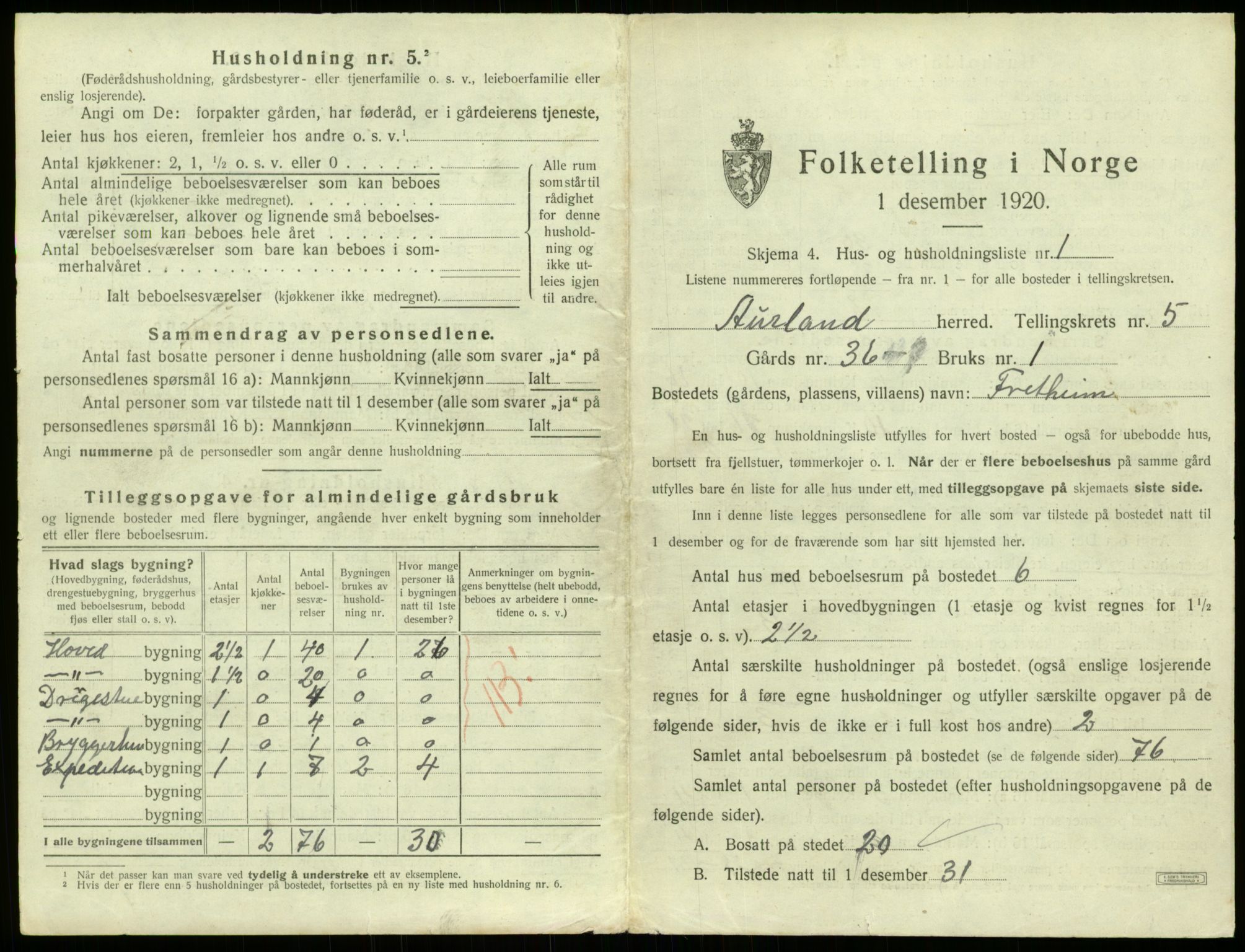 SAB, 1920 census for Aurland, 1920, p. 403
