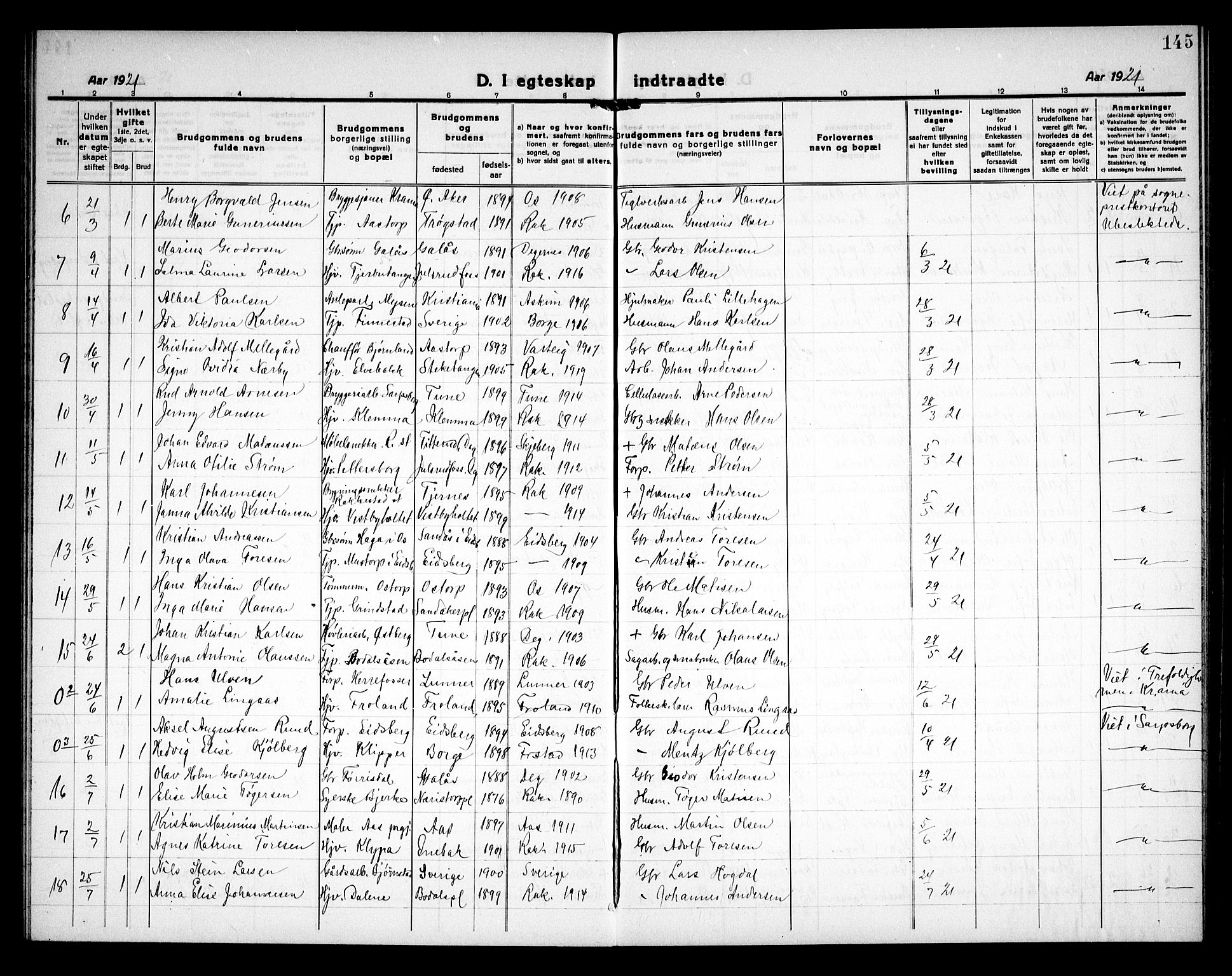 Rakkestad prestekontor Kirkebøker, AV/SAO-A-2008/G/Ga/L0002: Parish register (copy) no. I 2, 1918-1931, p. 145