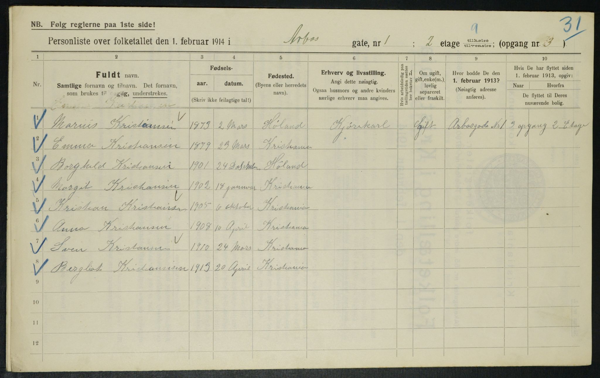 OBA, Municipal Census 1914 for Kristiania, 1914, p. 1739
