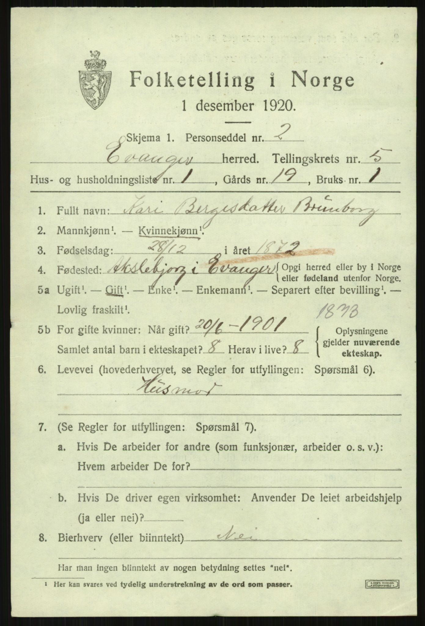 SAB, 1920 census for Evanger, 1920, p. 1659