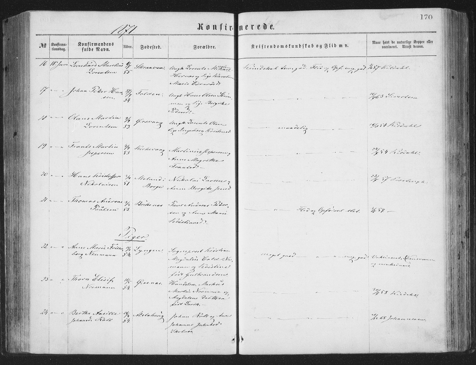 Ministerialprotokoller, klokkerbøker og fødselsregistre - Nordland, AV/SAT-A-1459/874/L1057: Parish register (official) no. 874A01, 1866-1877, p. 170