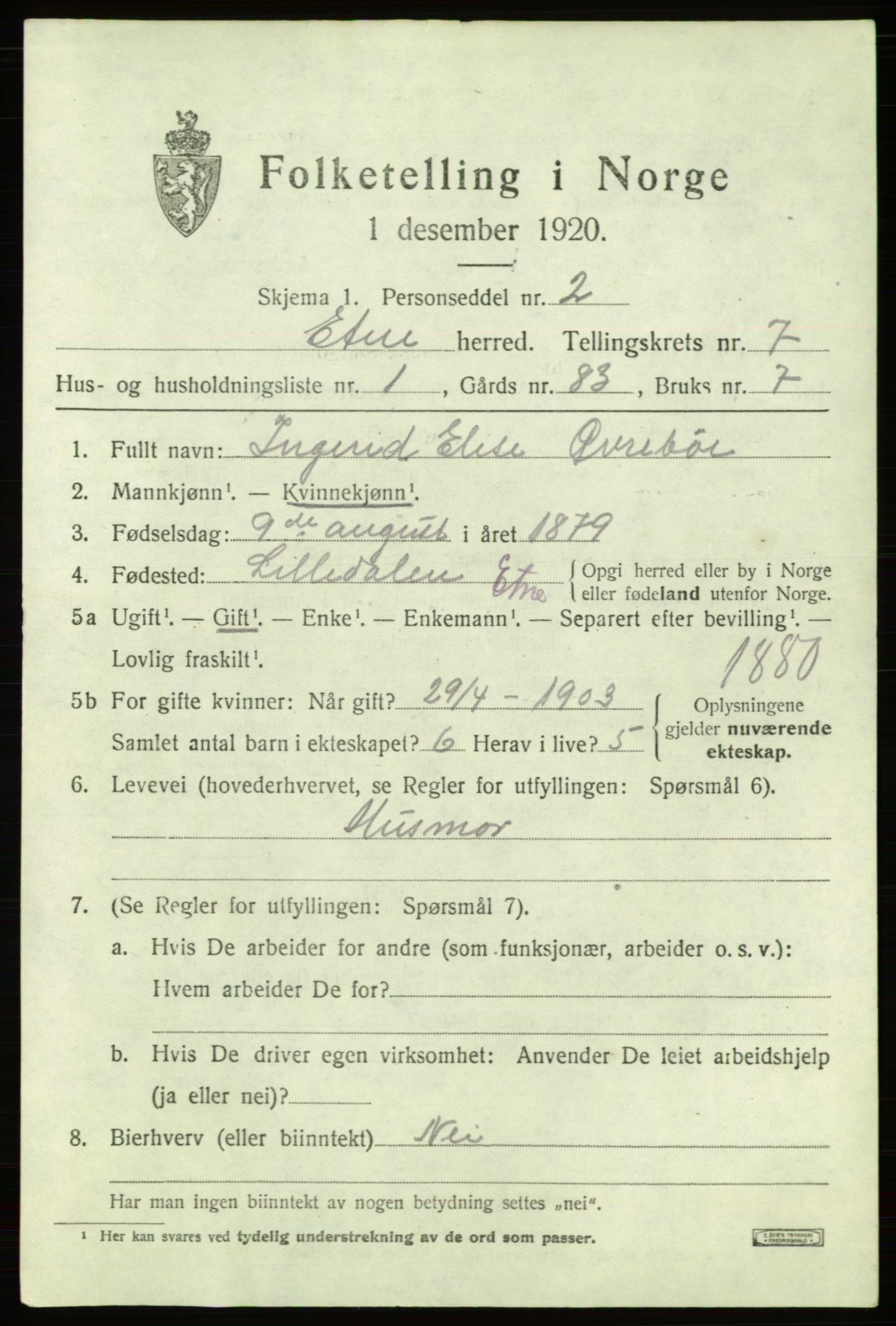 SAB, 1920 census for Etne, 1920, p. 3179