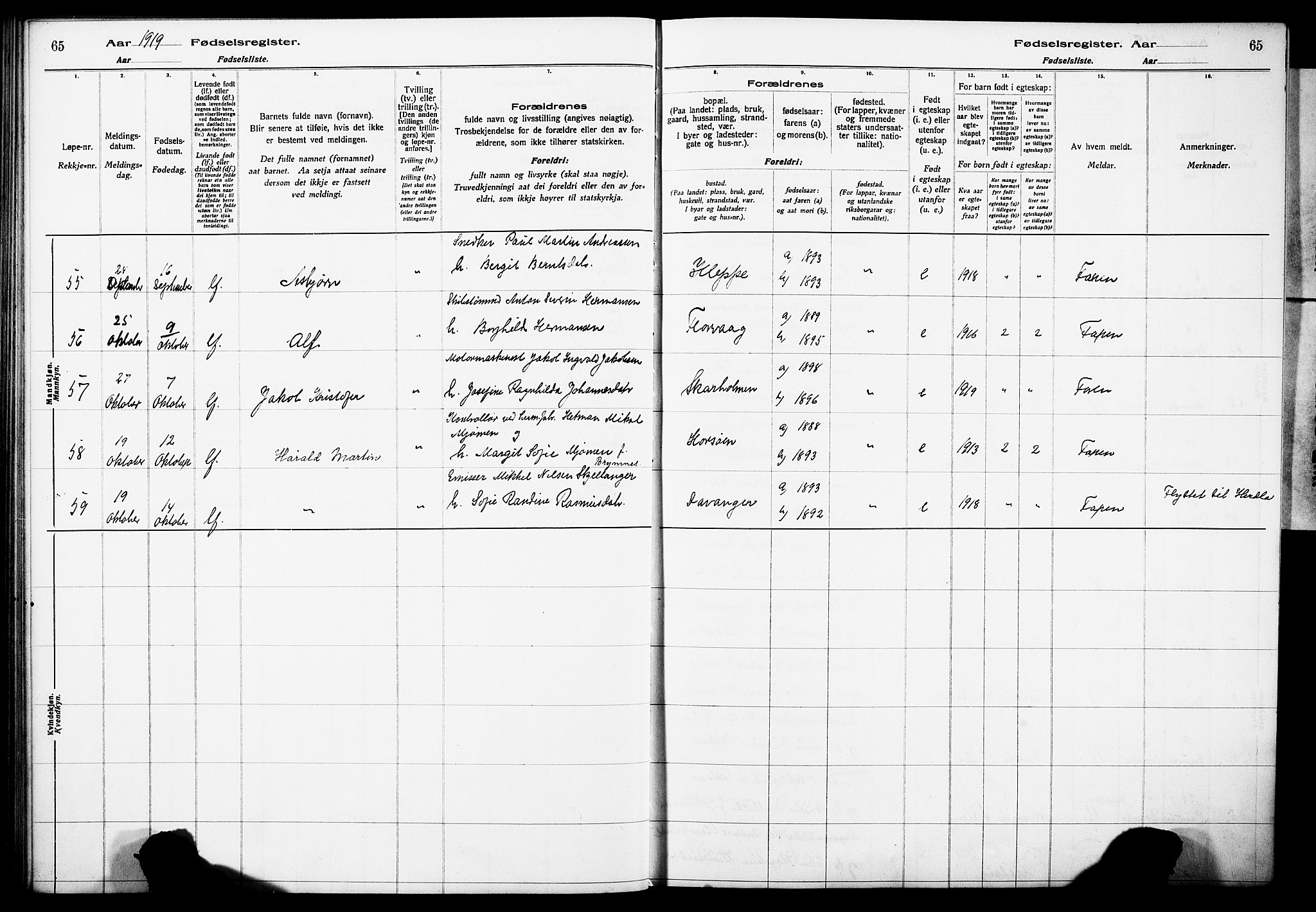 Askøy Sokneprestembete, AV/SAB-A-74101/I/Id/L00A1: Birth register no. A 1, 1916-1928, p. 65