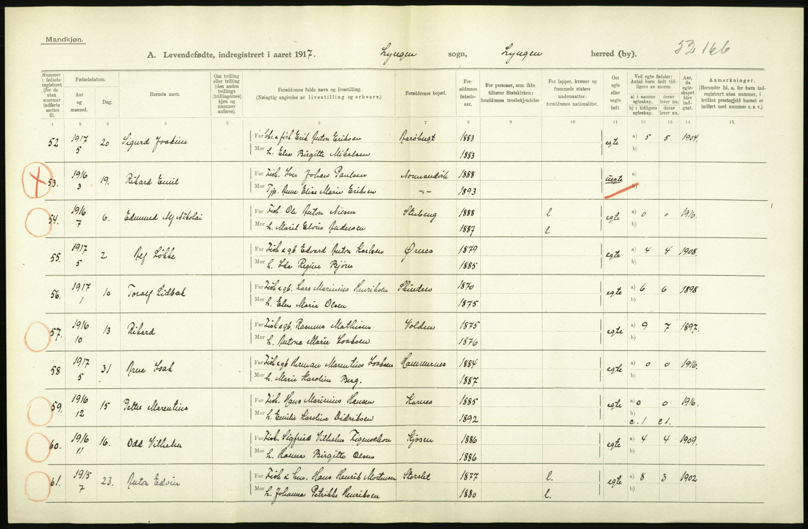 Statistisk sentralbyrå, Sosiodemografiske emner, Befolkning, AV/RA-S-2228/D/Df/Dfb/Dfbg/L0053: Tromsø amt: Levendefødte menn og kvinner. Bygder og byer., 1917, p. 212