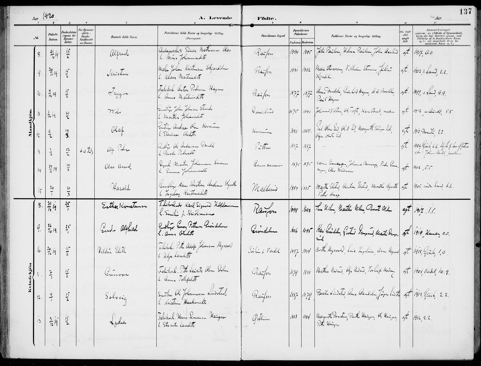 Vestre Toten prestekontor, AV/SAH-PREST-108/H/Ha/Haa/L0014: Parish register (official) no. 14, 1907-1920, p. 137