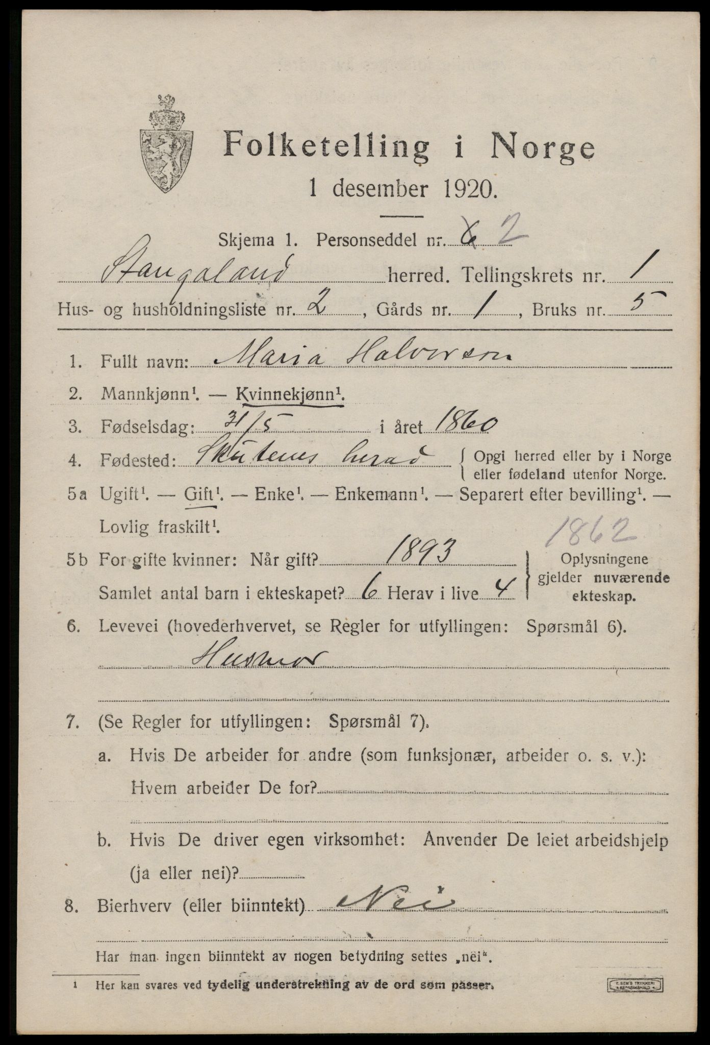 SAST, 1920 census for Stangaland, 1920, p. 593