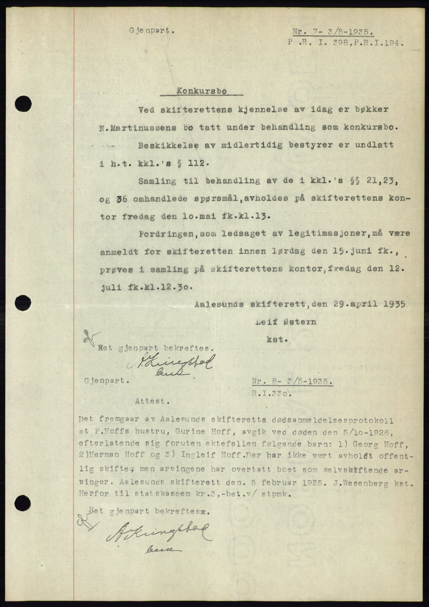 Ålesund byfogd, AV/SAT-A-4384: Mortgage book no. 32, 1934-1935, Deed date: 03.05.1935