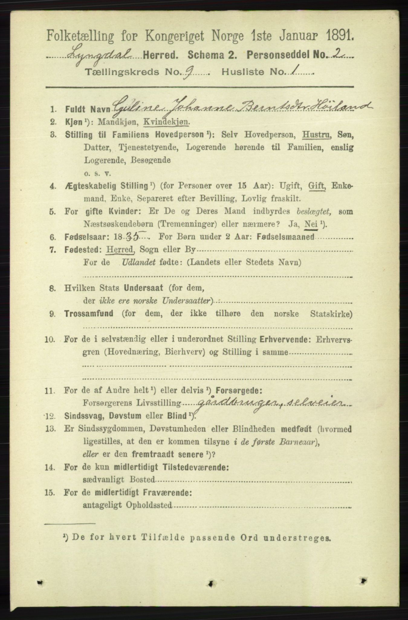 RA, 1891 census for 1032 Lyngdal, 1891, p. 3701