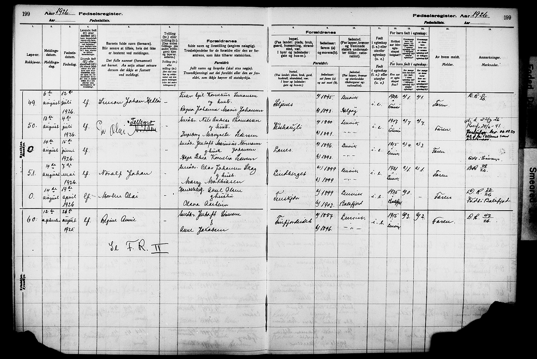 Lenvik sokneprestembete, SATØ/S-1310/I/Ic/L0089: Birth register no. 89, 1916-1926, p. 199